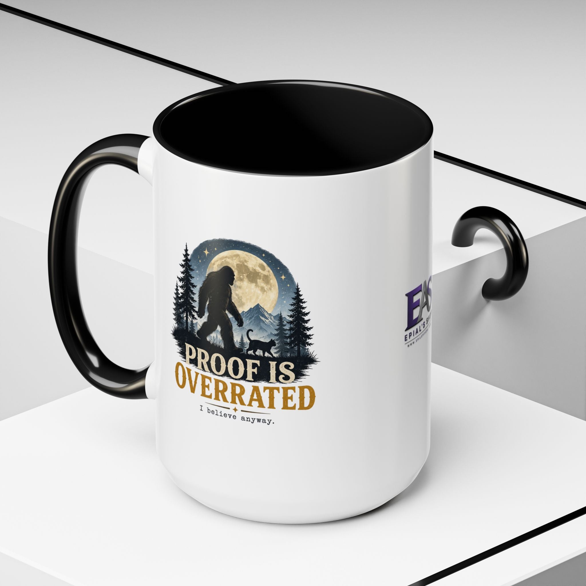 Proof Is Overrated Sasquatch & Black Cat Accent Mug