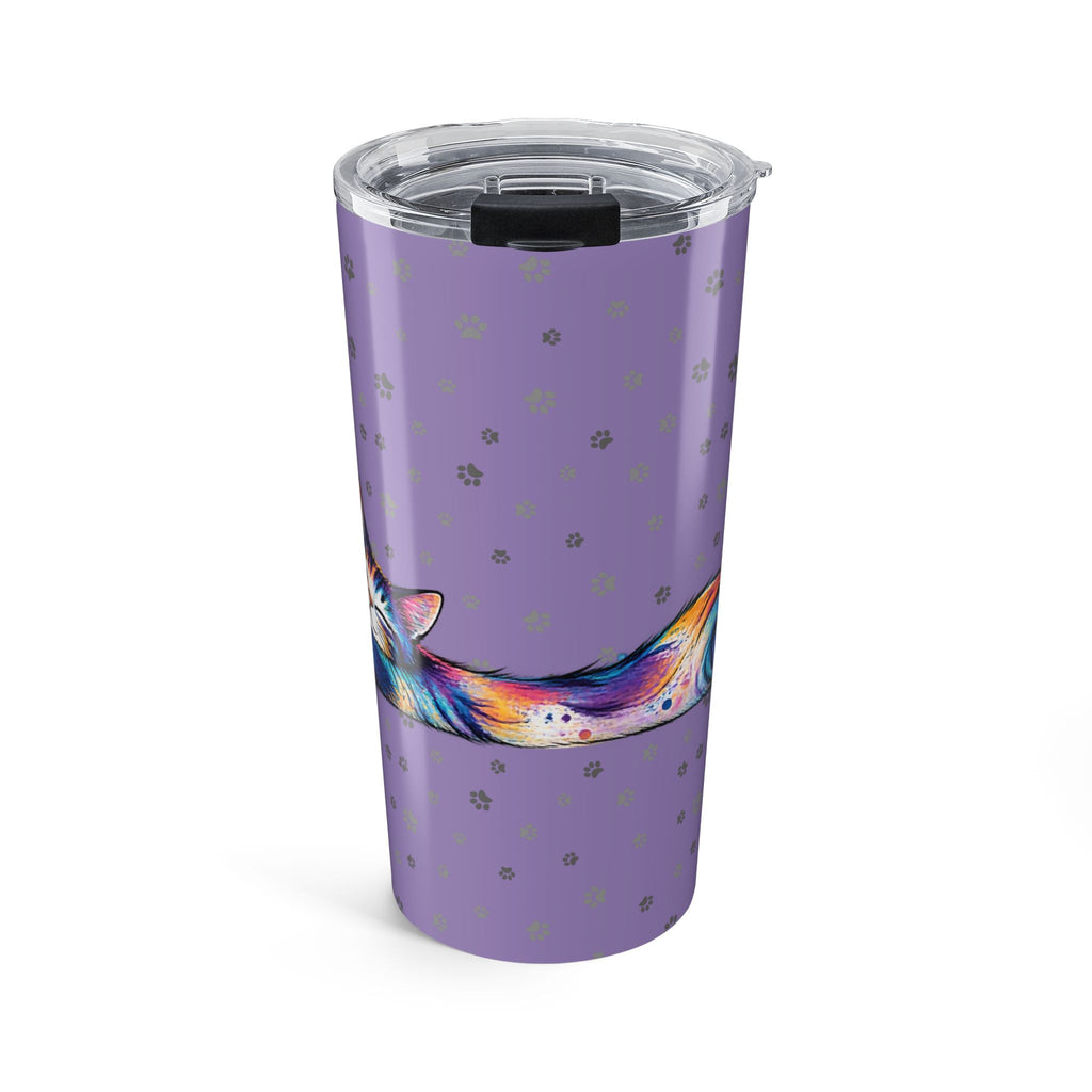 Colorful Stretching Cat 20 oz Insulated Tumbler | Purple Paw Print Travel Cup