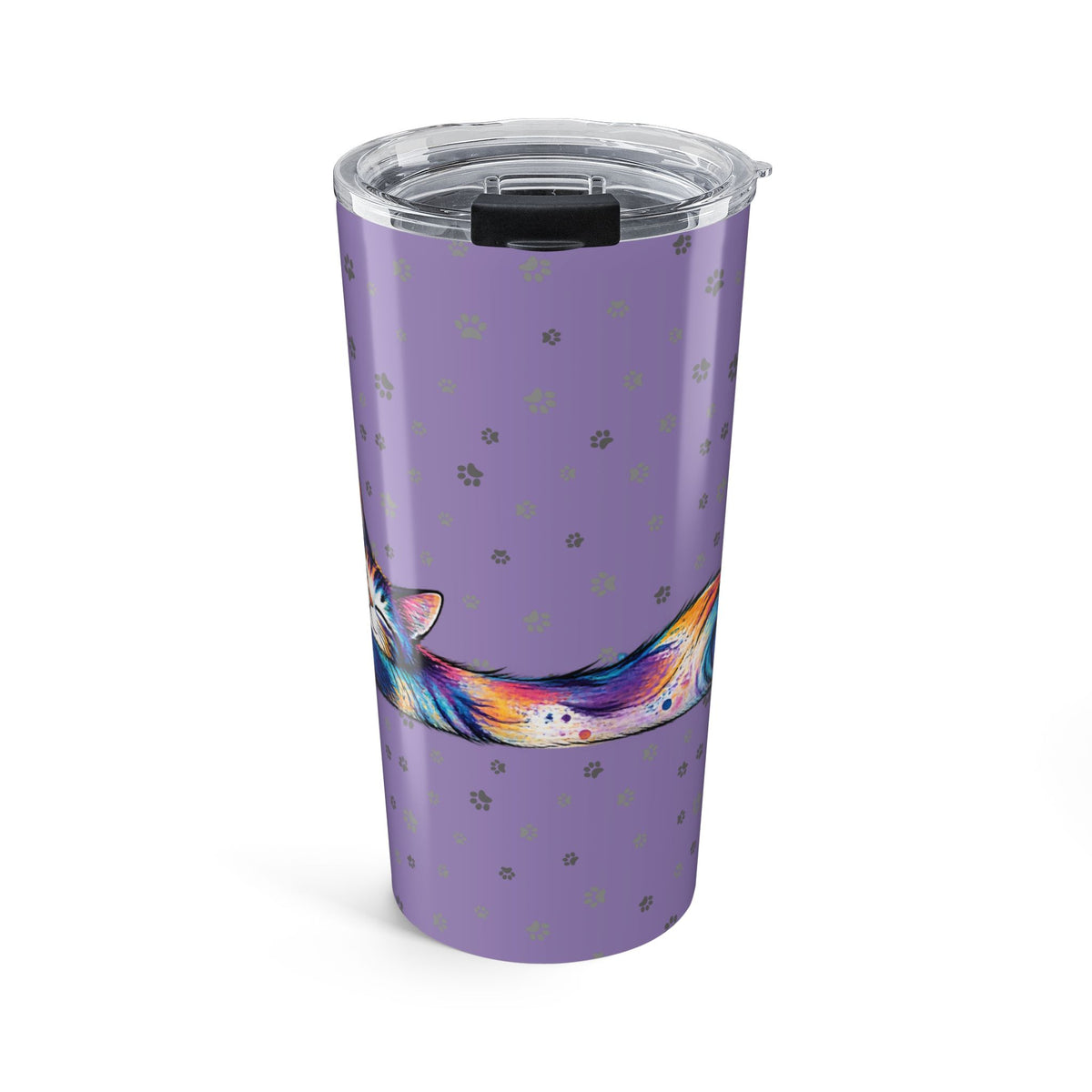 Colorful Stretching Cat 20 oz Insulated Tumbler | Purple Paw Print Travel Cup