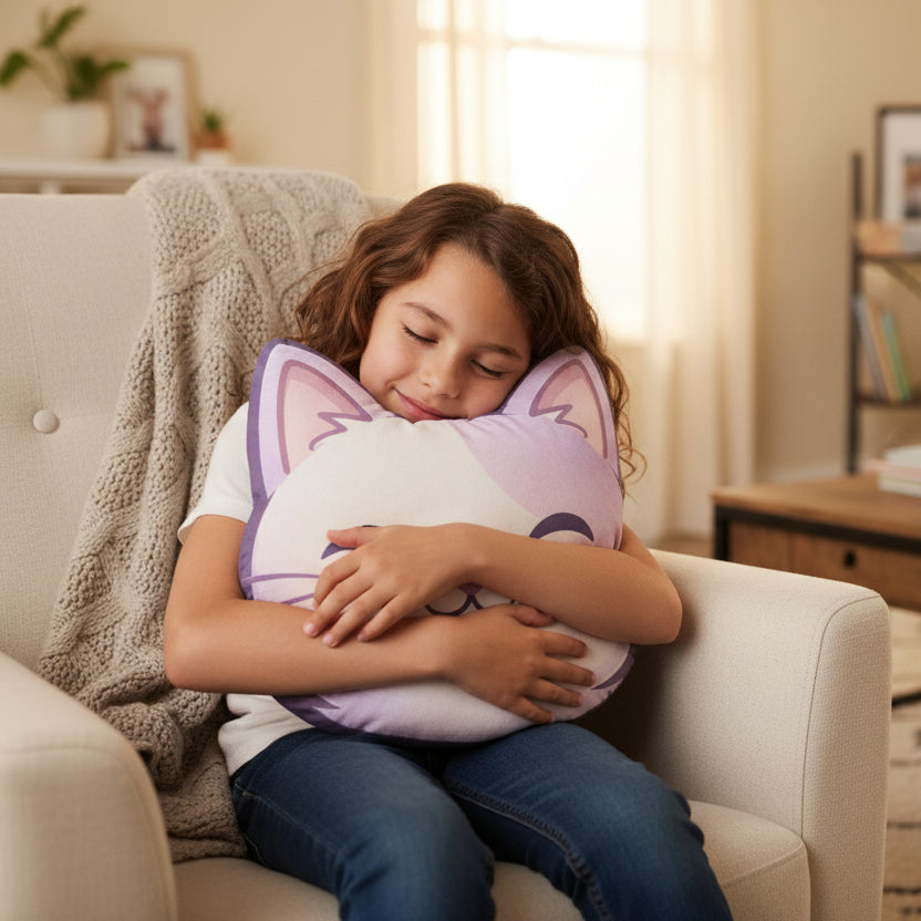 Smiling Cat Face Shaped Pillow – Soft Plush Kids Cushion