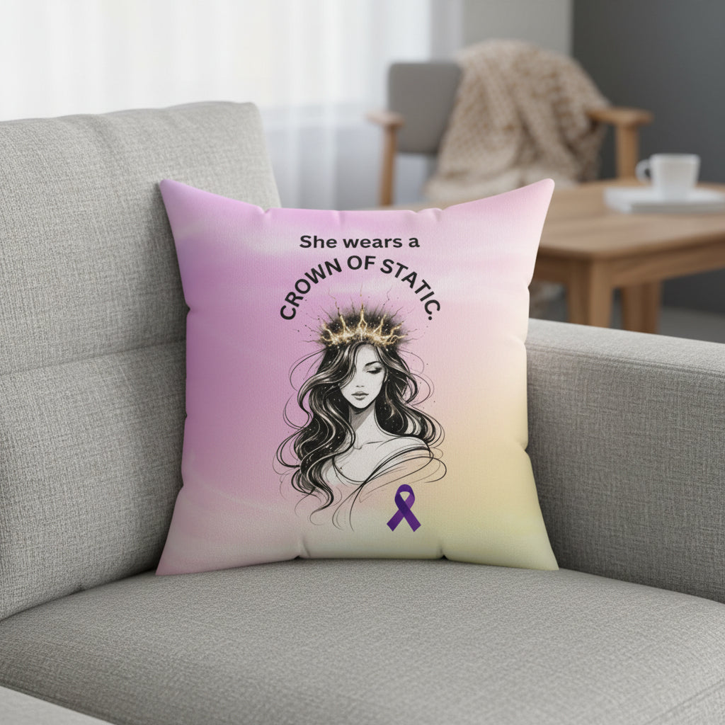 She Wears a Crown of Static – Epilepsy Awareness Throw Pillow