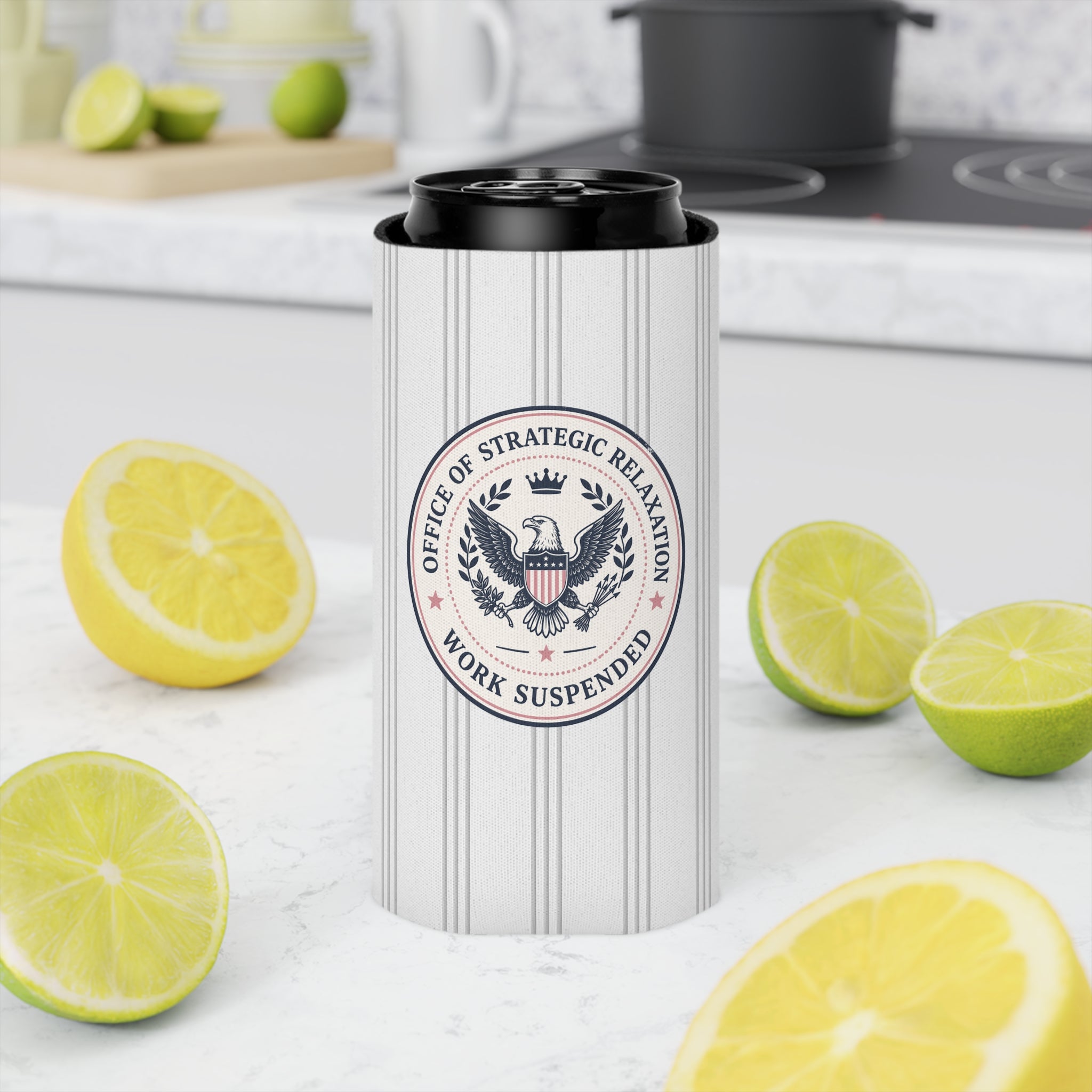 Office of Strategic Relaxation Can Cooler | Work Suspended Funny Koozie