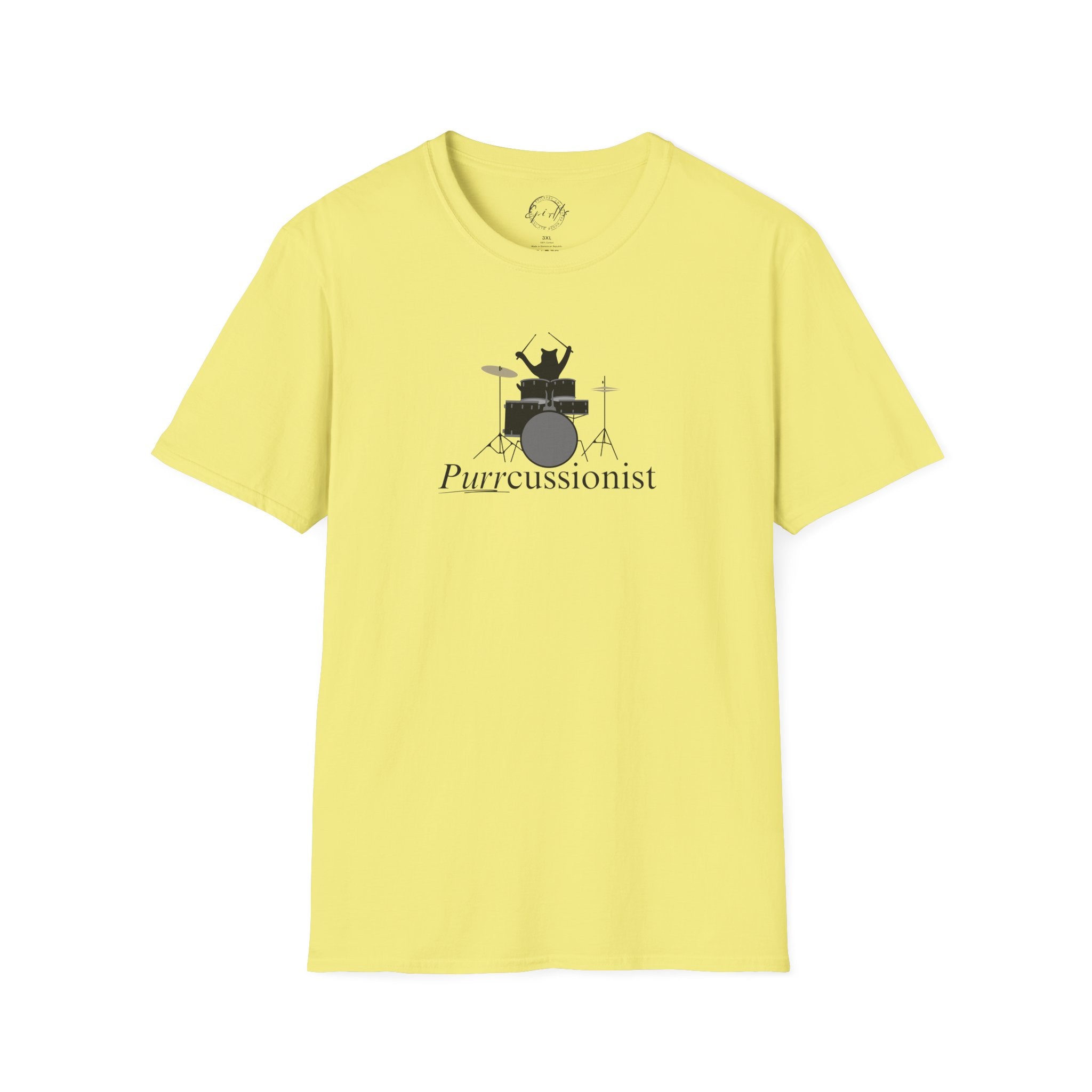 Photo depicting the ​Purrcussionist Unisex Softstyle T-Shirt from EpiAl's Shop.