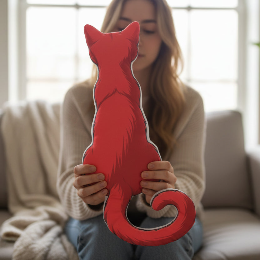 Faceless Red Cat Shaped Pillow | Mirror Image Cat Accent Pillow