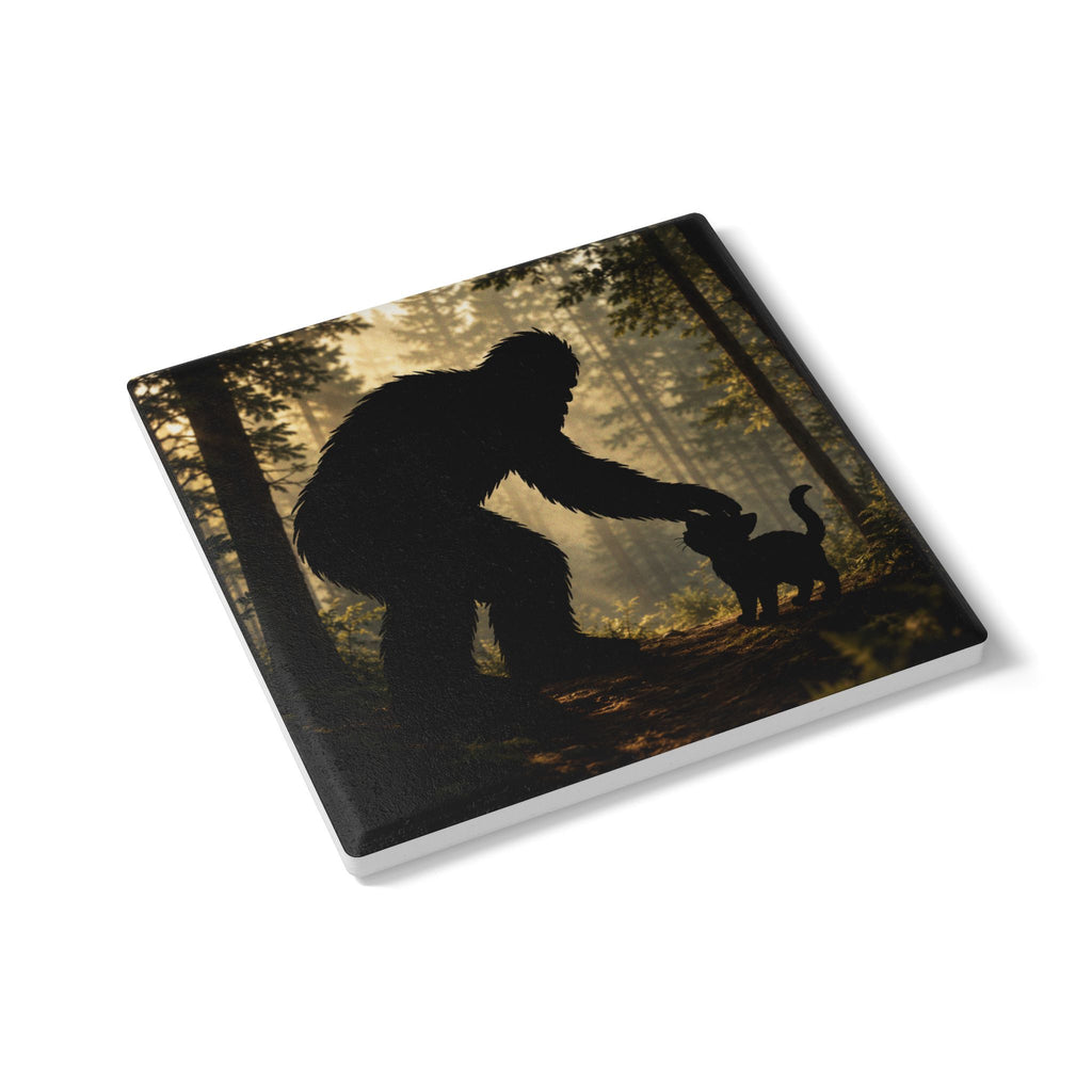 Bigfoot & Cat Ceramic Coaster — Forest Sasquatch Silhouette Drink Mat