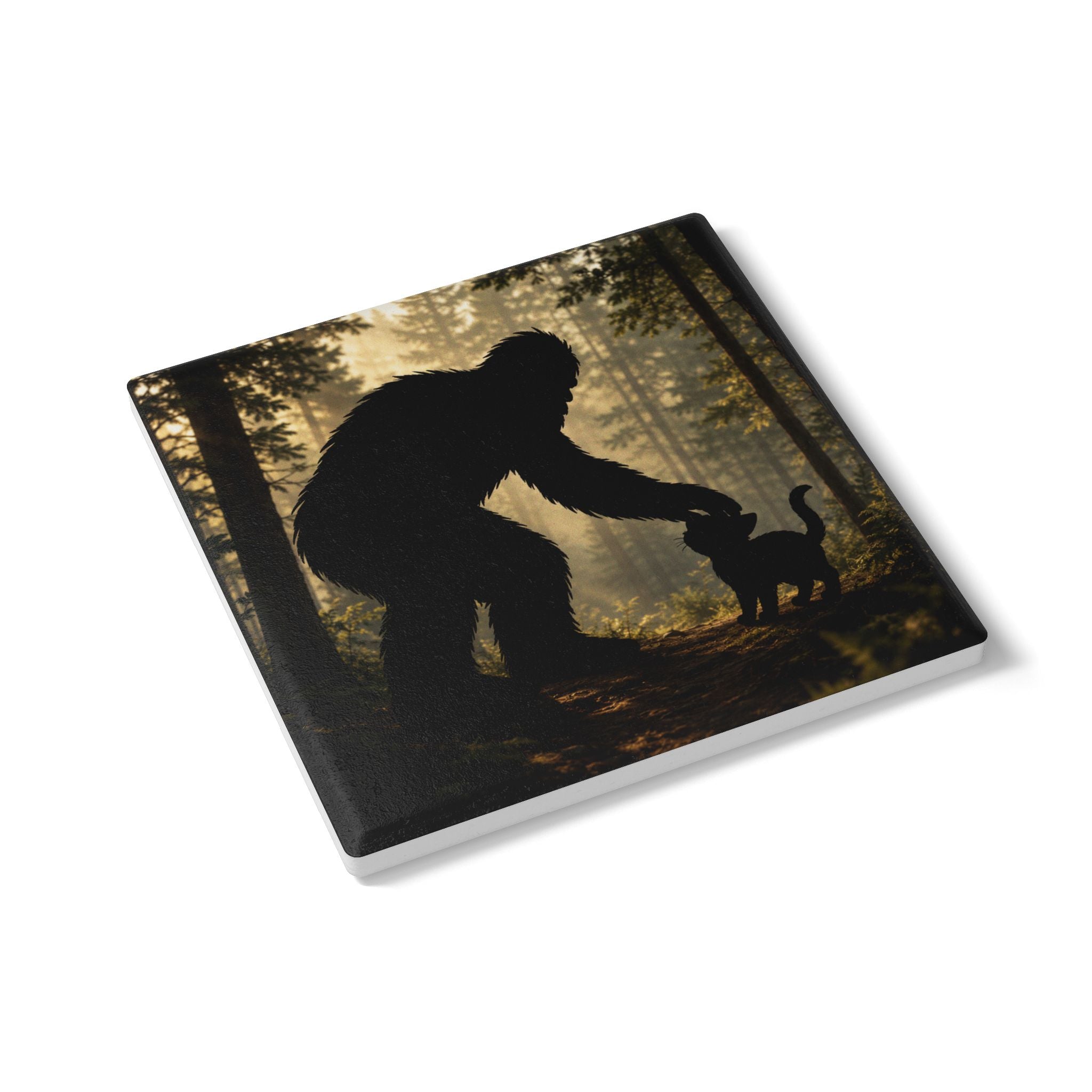 Bigfoot & Cat Ceramic Coaster — Forest Sasquatch Silhouette Drink Mat