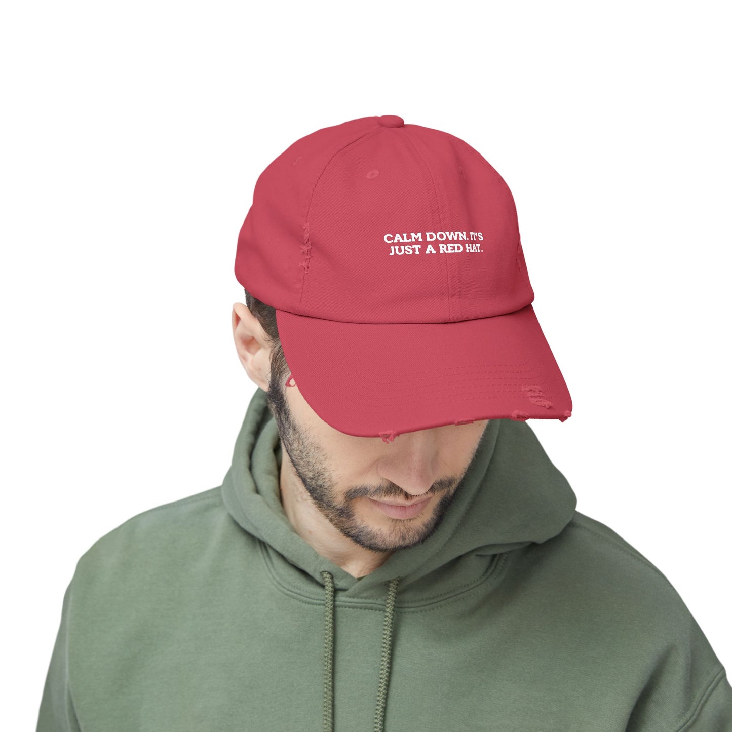 Unisex Distressed Cap - "Calm Down, It's Just a Red Hat"