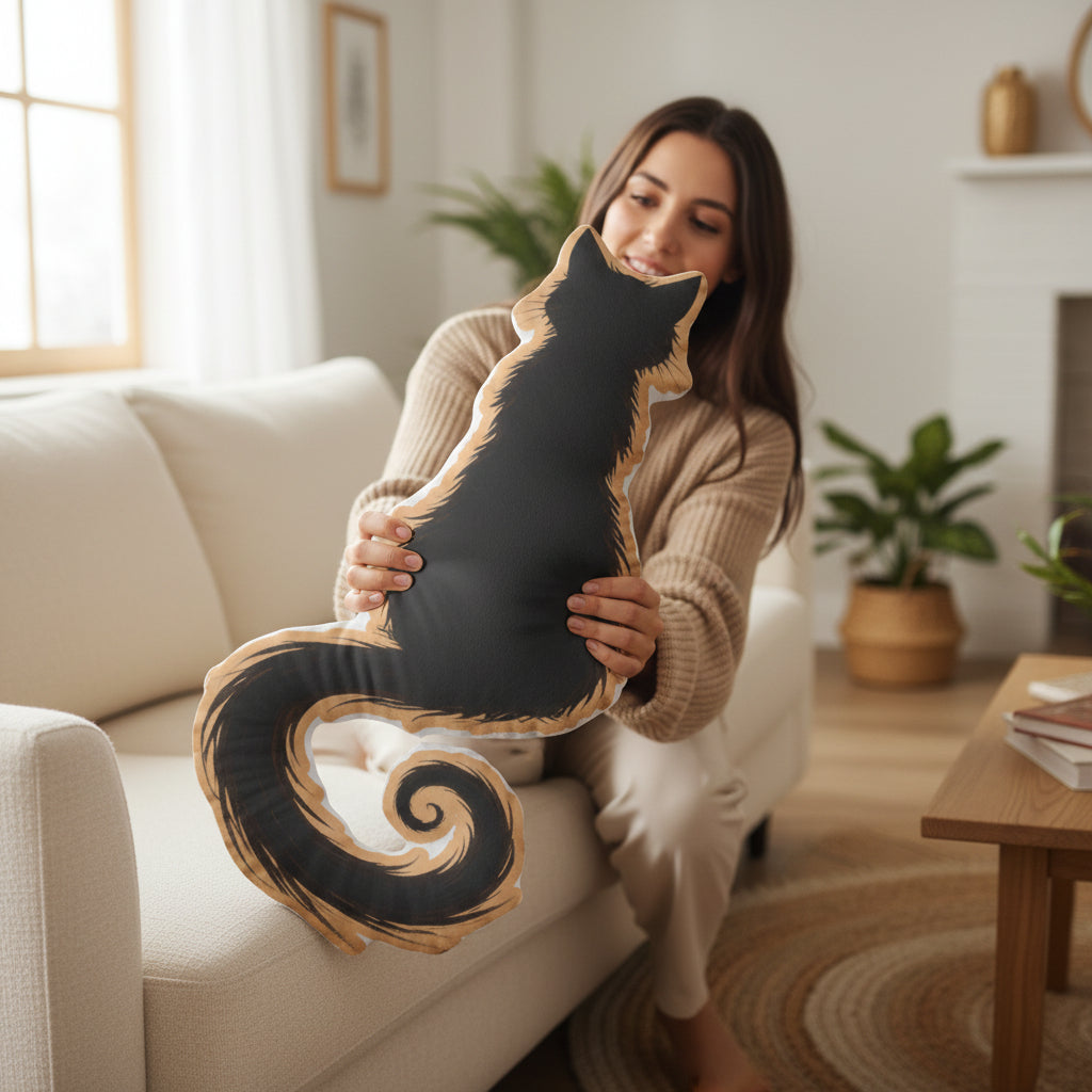 Curled Tail Cat Silhouette Custom Shaped Pillow – Artistic Black & Gold Feline Décor