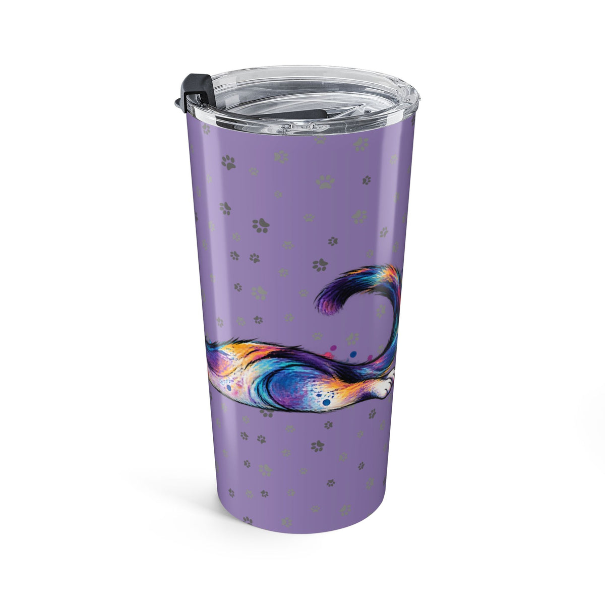 Colorful Stretching Cat 20 oz Insulated Tumbler | Purple Paw Print Travel Cup