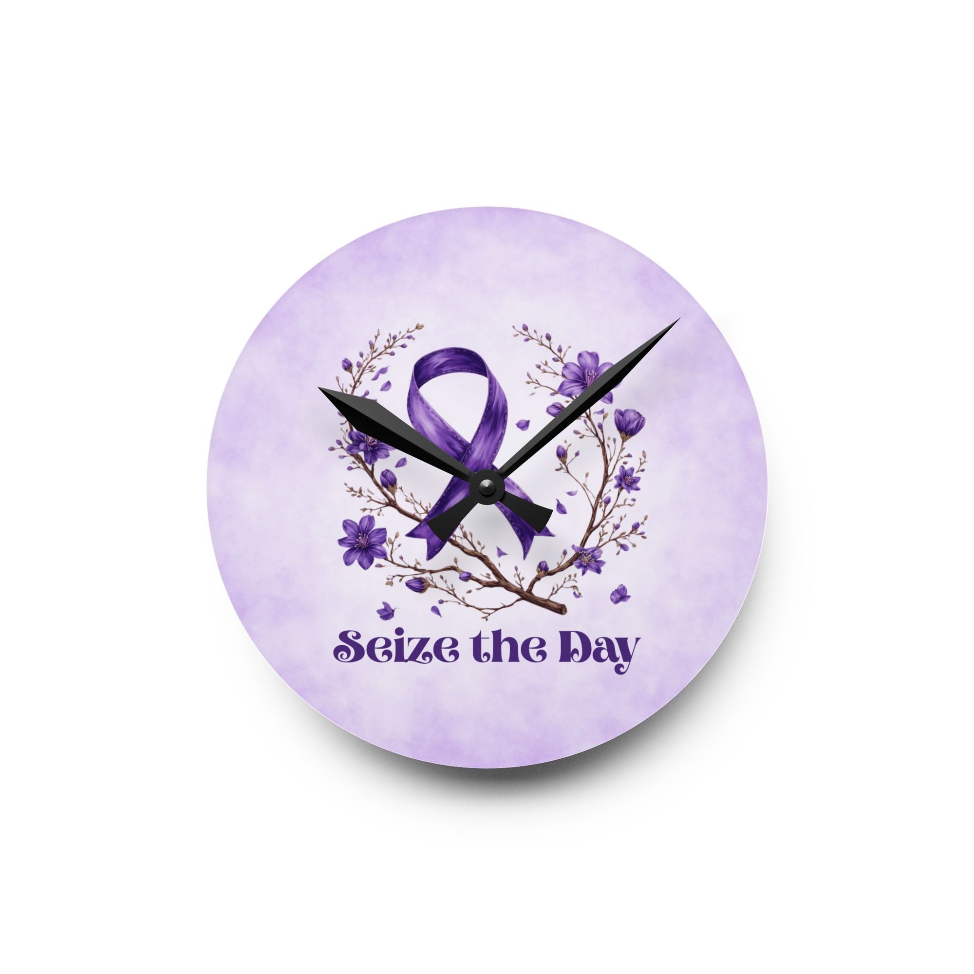 Purple Floral Seize the Day Acrylic Wall Clock