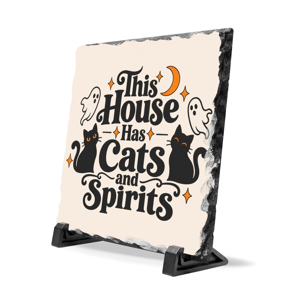 This House Has Cats and Spirits Slate Desk Plaque | Halloween Cat Decor