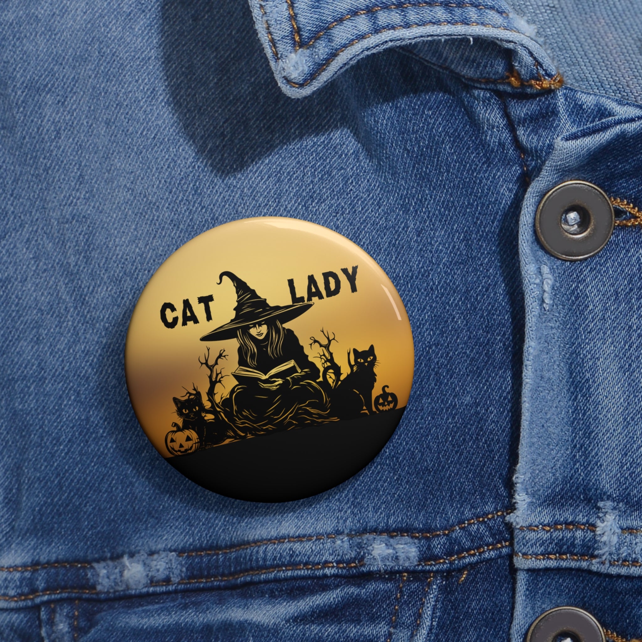 Photo depicting the ​Reading Witchy Cat Lady Pin Buttons from EpiAl's Shop.