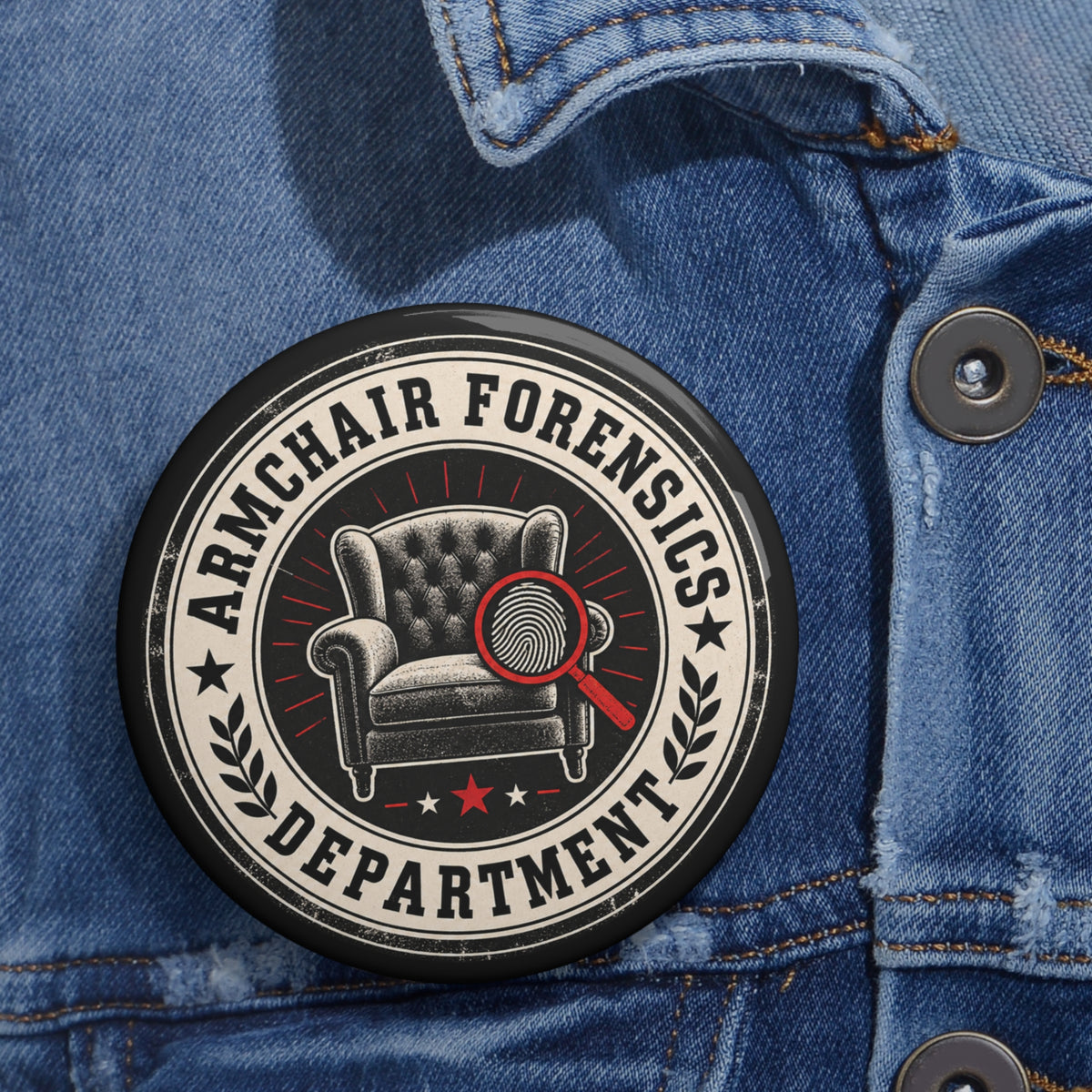 Armchair Forensics Department Pin Button | True Crime Sleuth Badge