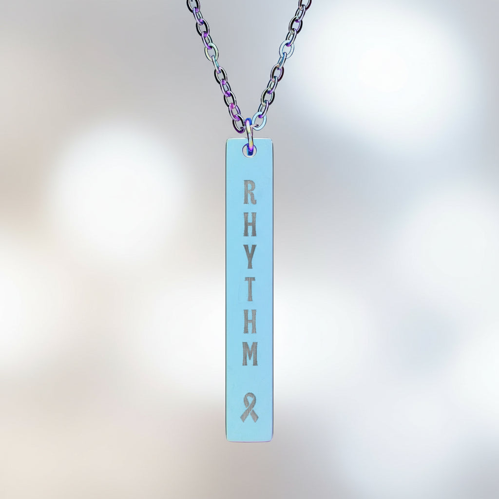 “RHYTHM” Vertical Bar Necklace — Epilepsy Awareness Engraved Pendant