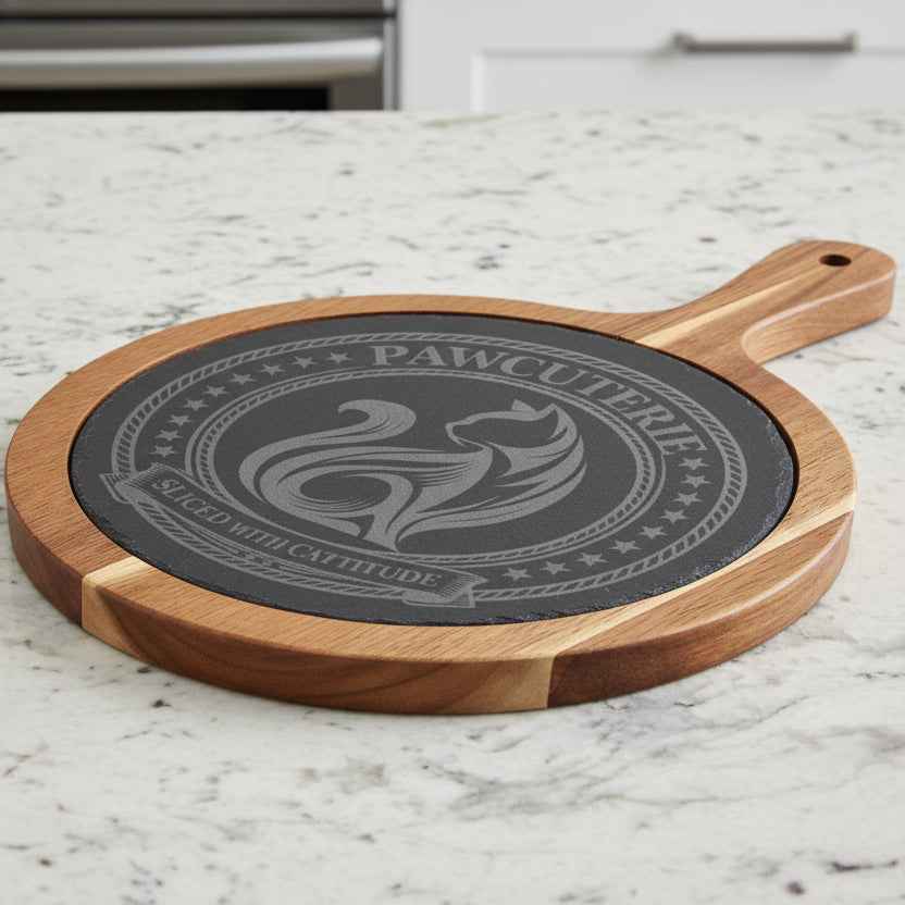 Pawcuterie Engraved Charcuterie Board – “Sliced with Cattitude” Slate & Acacia Serving Set