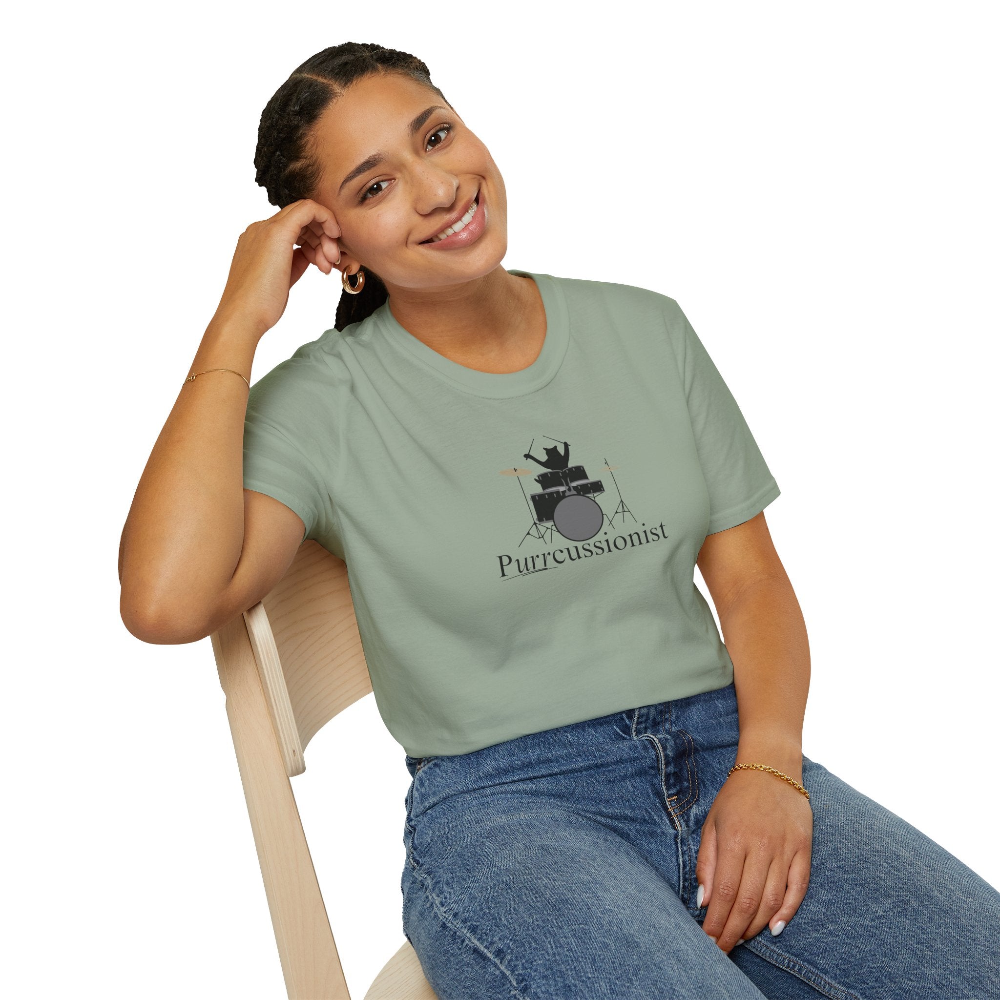 Photo depicting the ​Purrcussionist Unisex Softstyle T-Shirt from EpiAl's Shop.