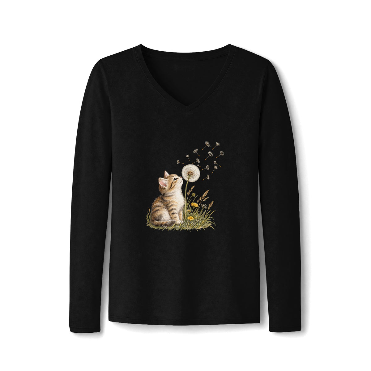 Kitten & Dandelion Women's Long Sleeve V-Neck Shirt | Floral Cat Lover Tee