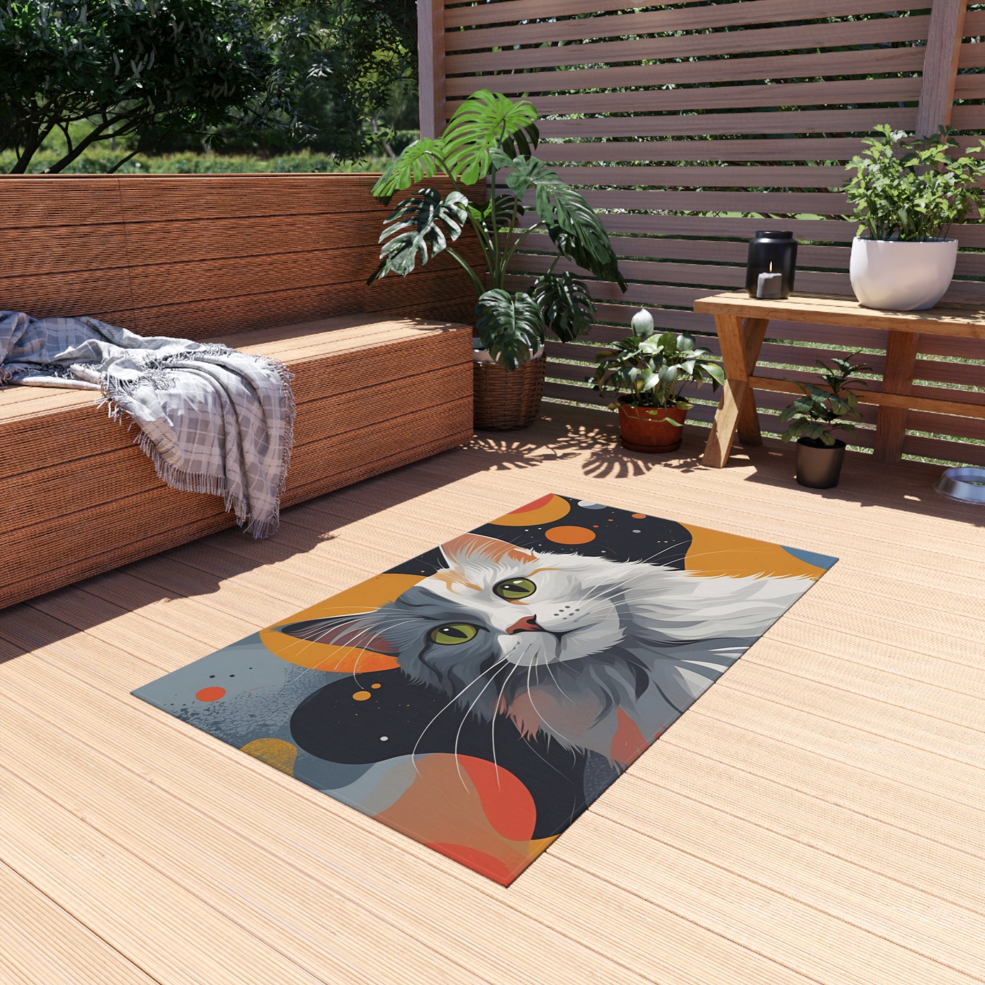 Colorful Cat-Themed Outdoor Rug, Cozy Patio Decor