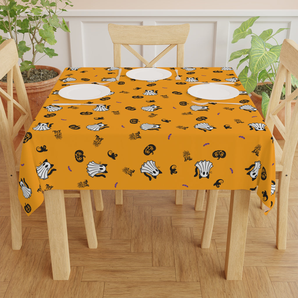 Ghost Cat Halloween Tablecloth | Orange Spooky Cat & Pumpkin Square Tablecloth