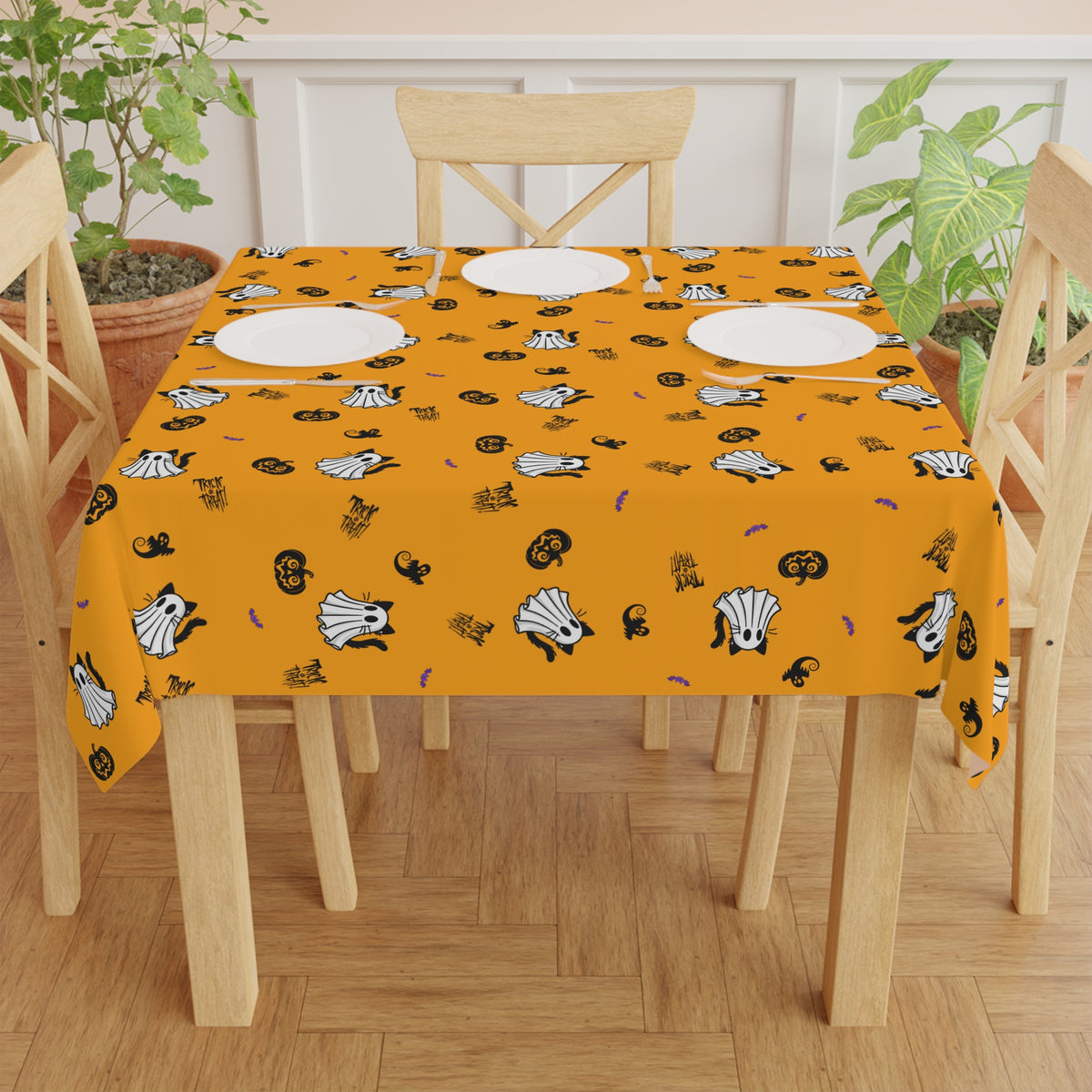 Ghost Cat Halloween Tablecloth | Orange Spooky Cat & Pumpkin Square Tablecloth