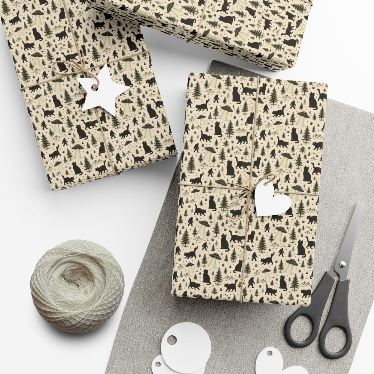 Cat, UFO & Bigfoot Wrapping Paper | Cryptid Cat Gift Wrap | Funny All-Occasion Wrap