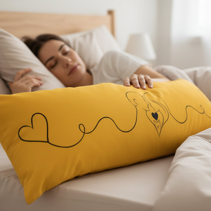 Connected Hearts Body Pillow – Minimal Line Art Couple & Cat Design, 20” × 54” Long Pillow