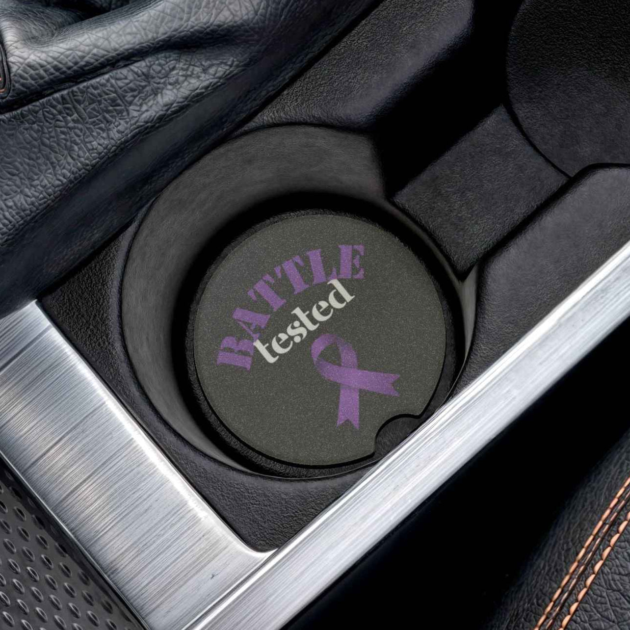 Battle Tested Epilepsy Awareness Soapstone Car Coaster – Purple Ribbon (Set of 1 or 2)