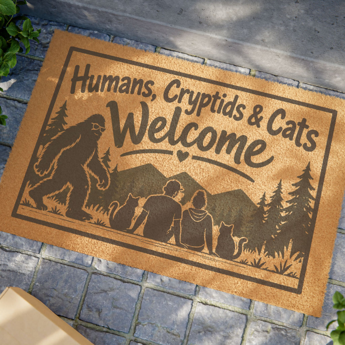 Humans, Cryptids & Cats Welcome Doormat | Bigfoot & Cat Coir Welcome Mat
