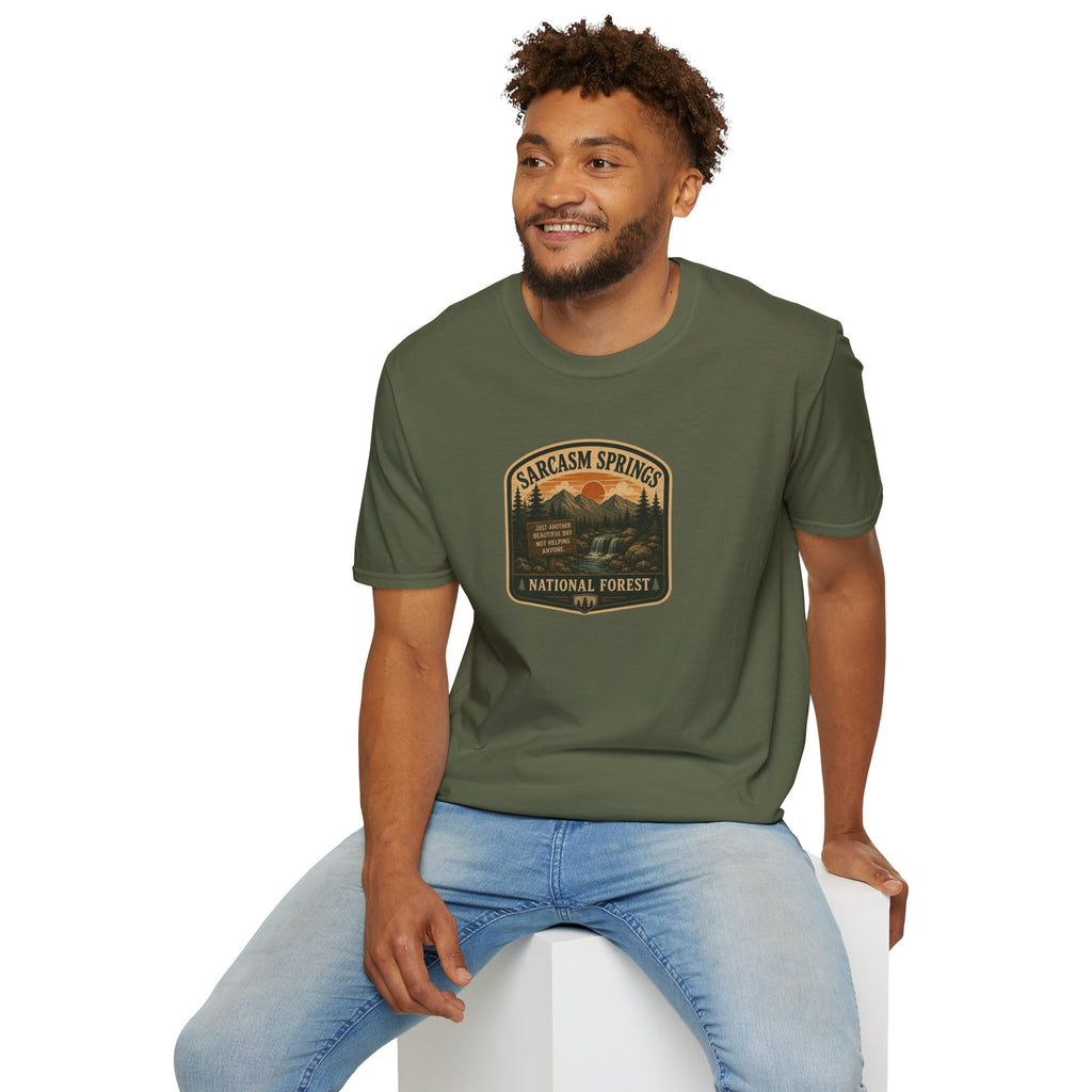 Sarcasm Springs National Forest Unisex T-Shirt | Funny Retro Outdoors Graphic Tee