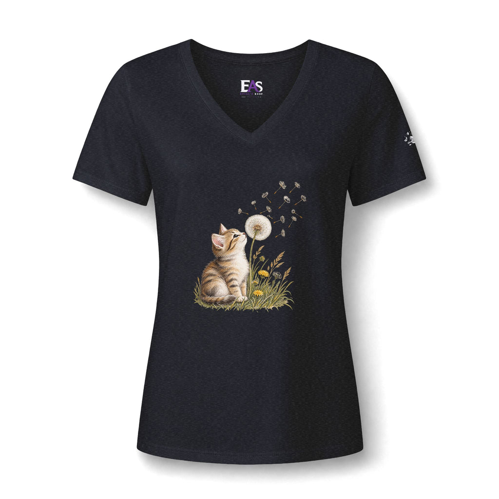 Kitten & Dandelion Women's Relaxed V-Neck T-Shirt | Cat Lover Floral Tee