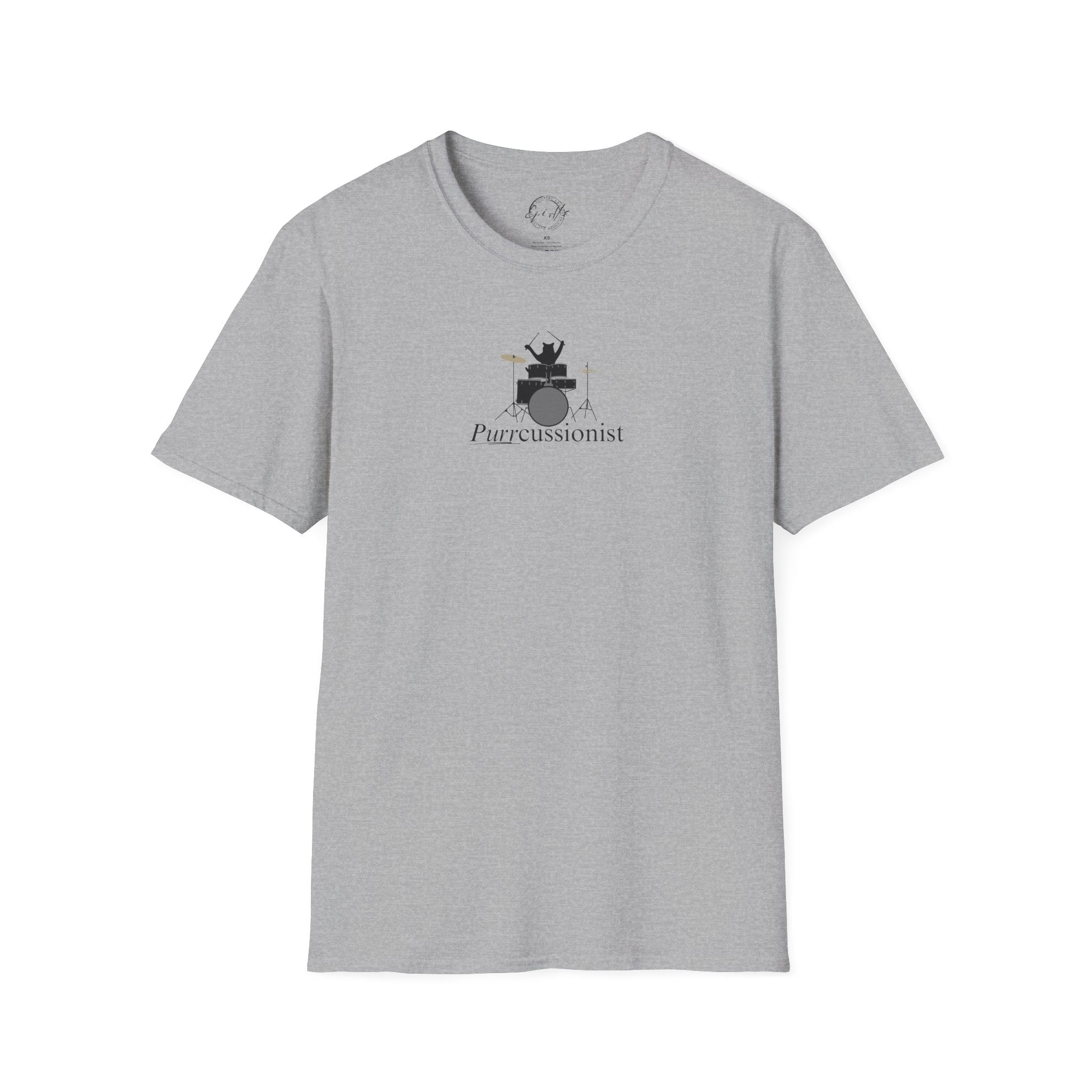 Photo depicting the ​Purrcussionist Unisex Softstyle T-Shirt from EpiAl's Shop.