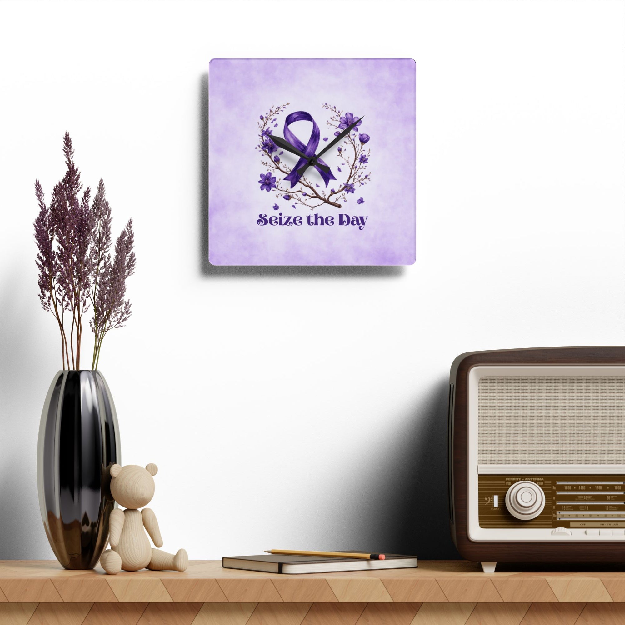 Purple Floral Seize the Day Acrylic Wall Clock