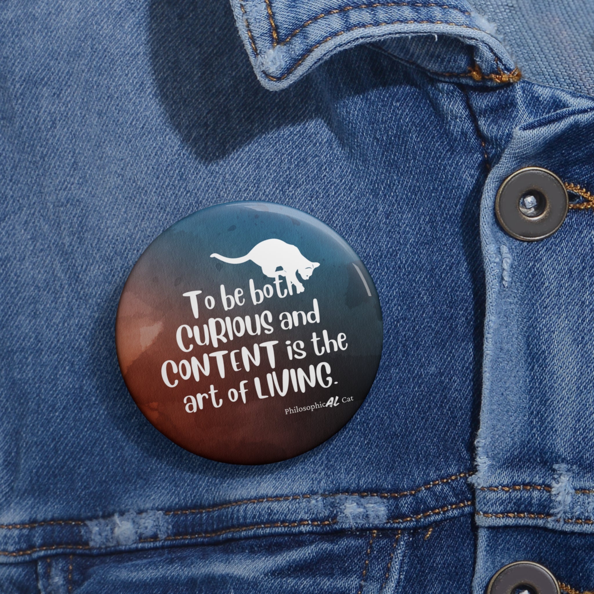 Photo depicting the ​Curious & Content Pin Buttons from EpiAl's Shop.