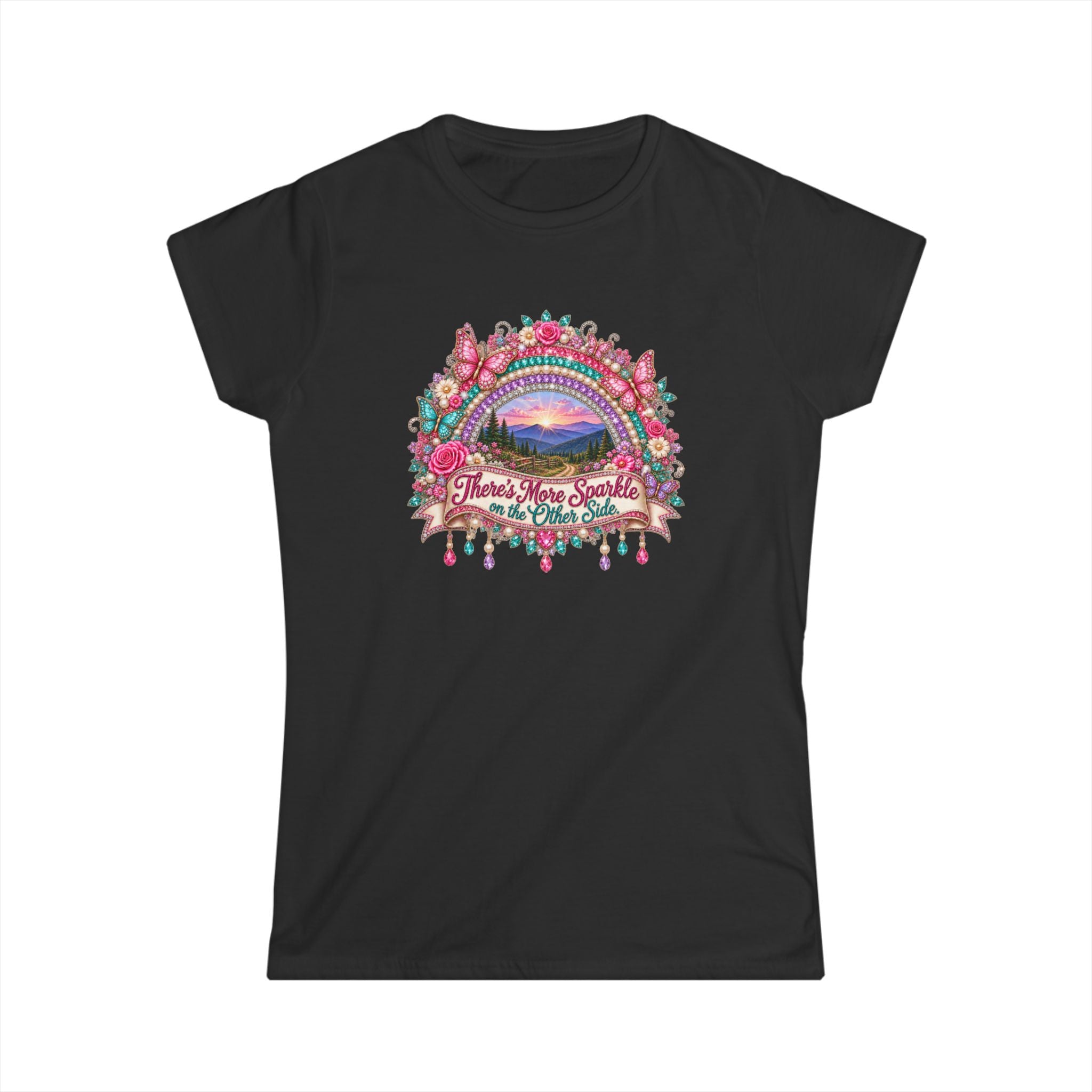 There’s More Sparkle on the Other Side Women’s T-Shirt | Rhinestone Rainbow Mountain Tee
