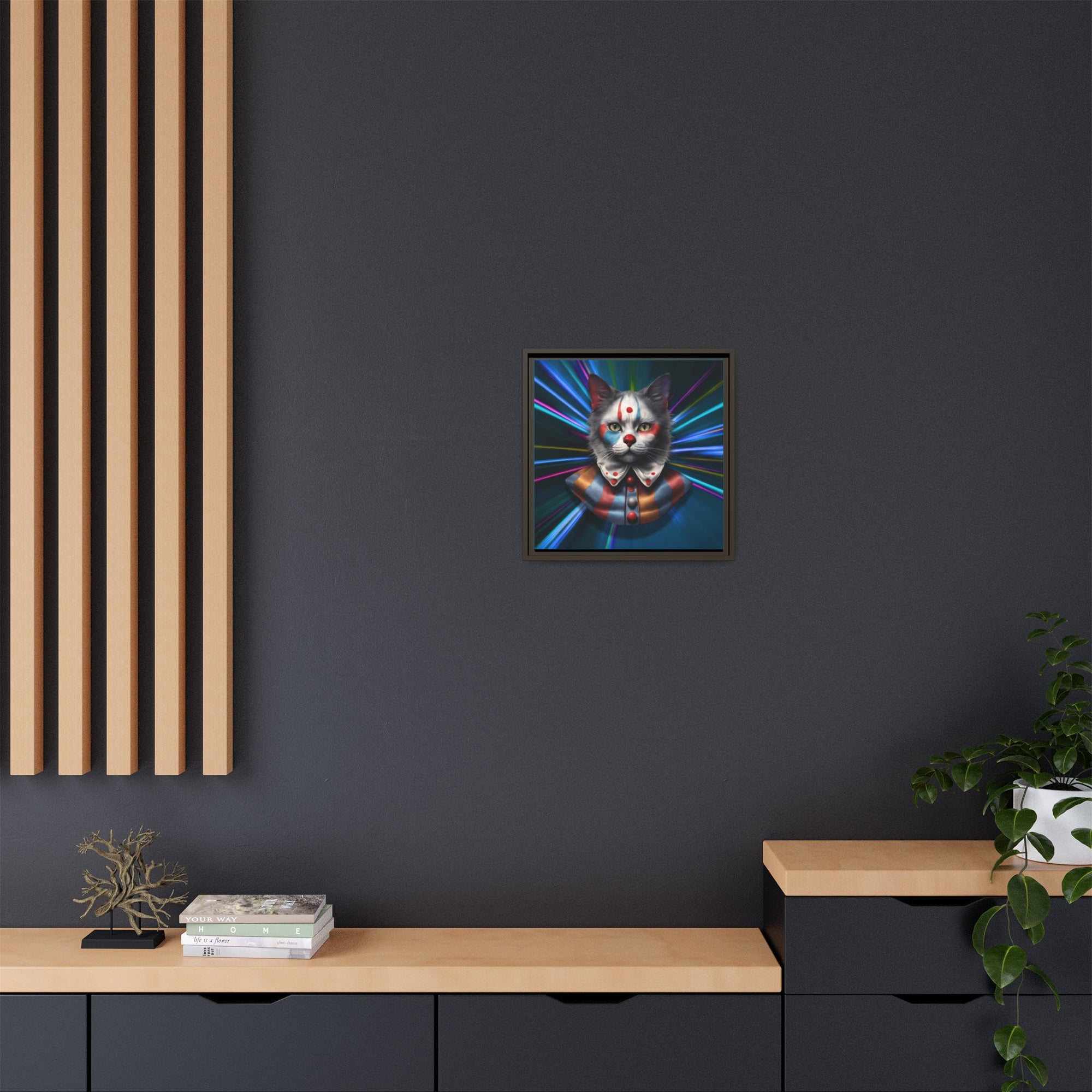Colorful Cat Clown Framed Canvas Art – Quirky Home Decor for Pet Lovers