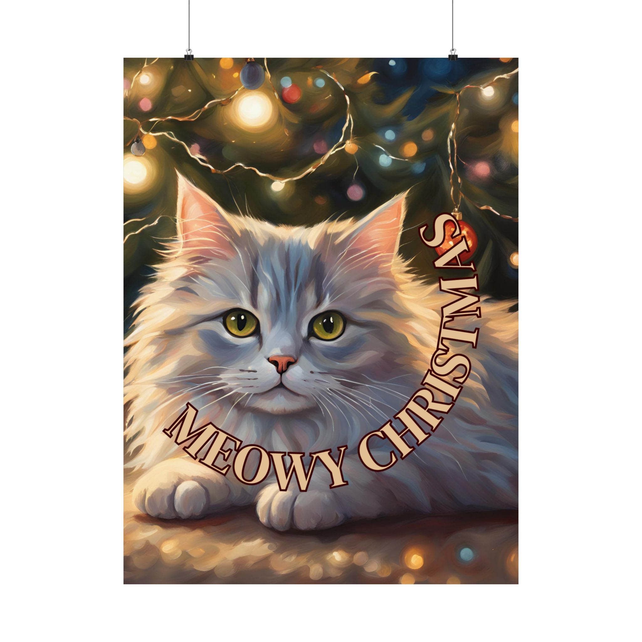 Photo depicting the ​White Meowy Christmas Kitty Matte Vertical Posters from EpiAl's Shop.