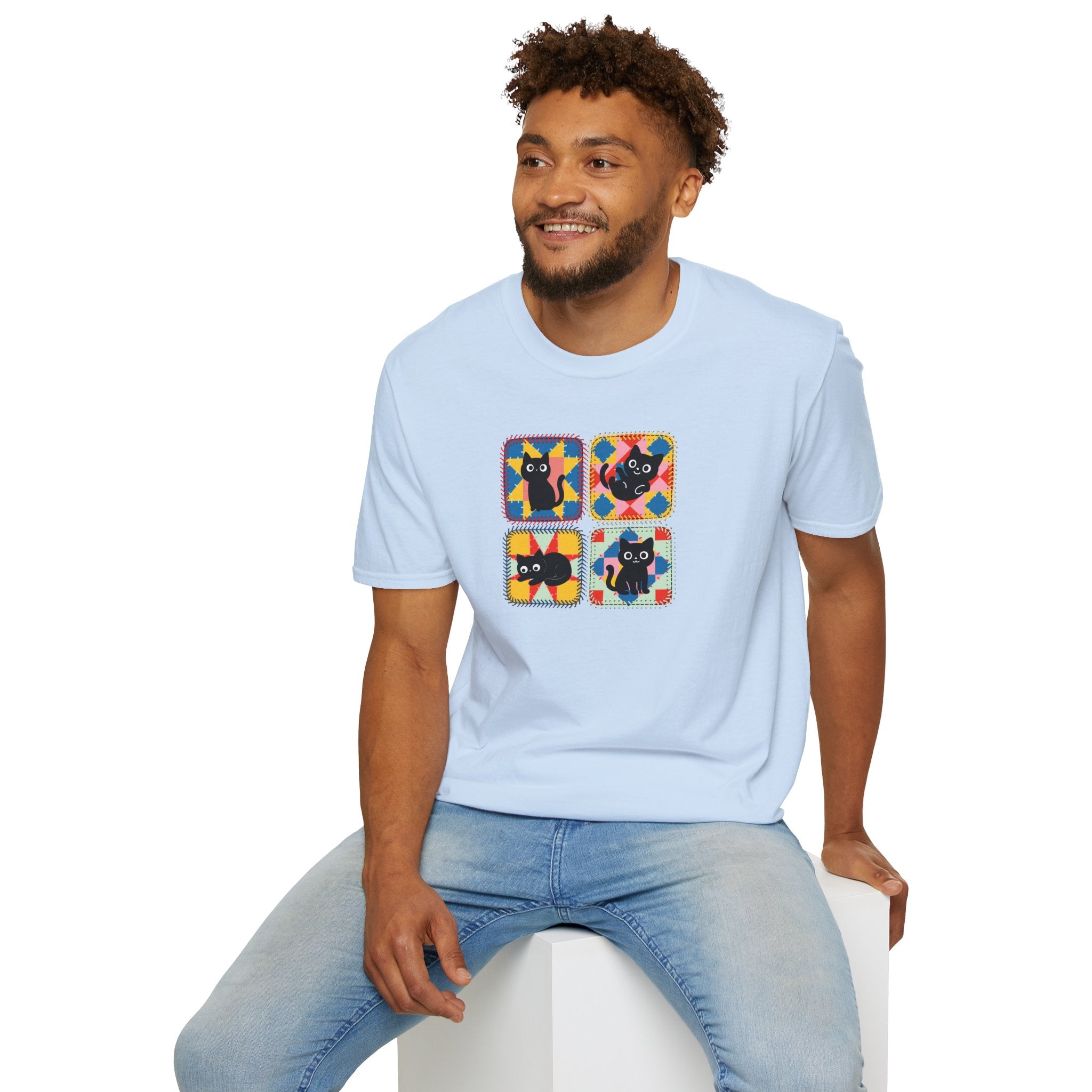 Patchwork Black Cats T-Shirt | Colorful Quilt Cat Lover Graphic Tee