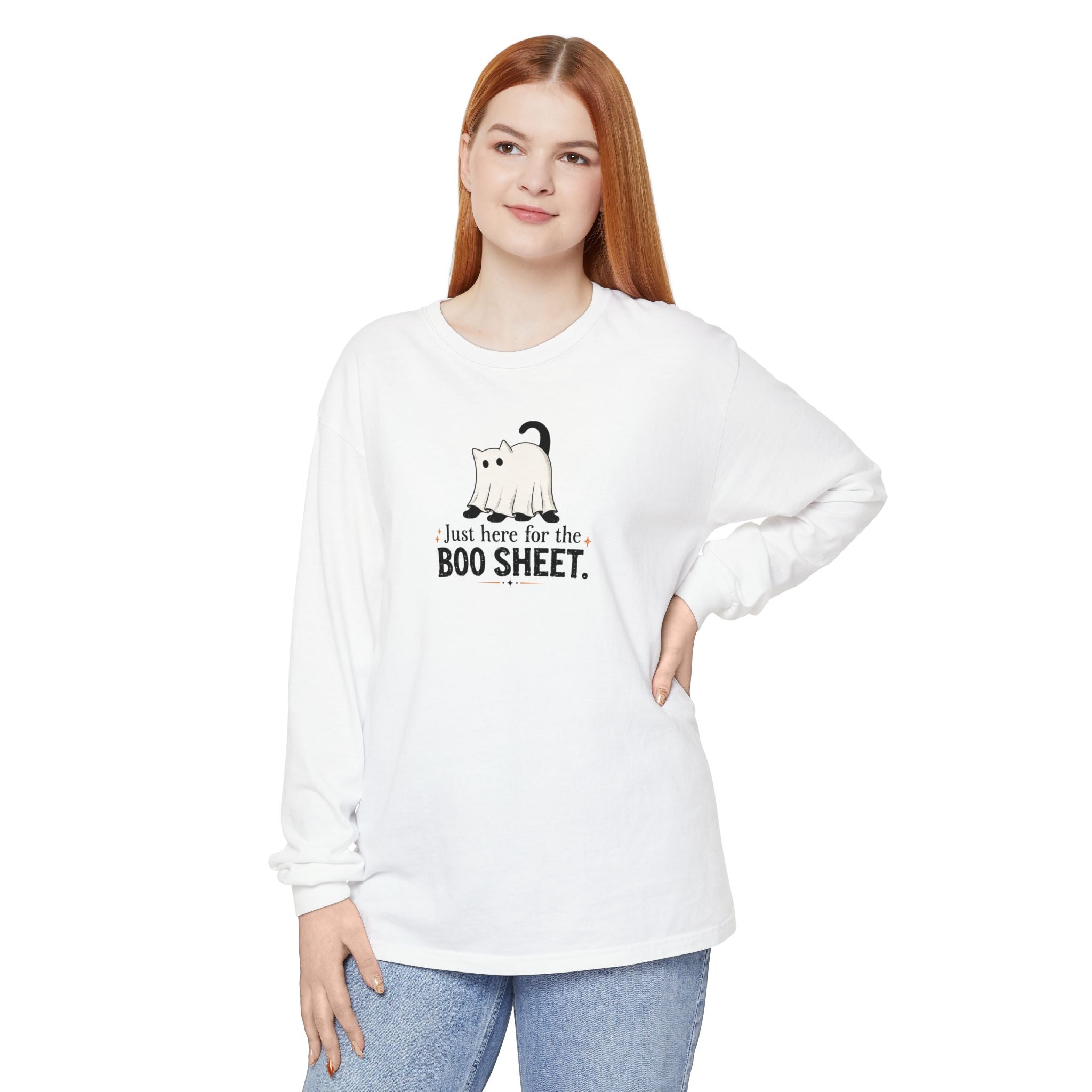Just Here for the Boo Sheet Halloween Cat Long Sleeve Shirt