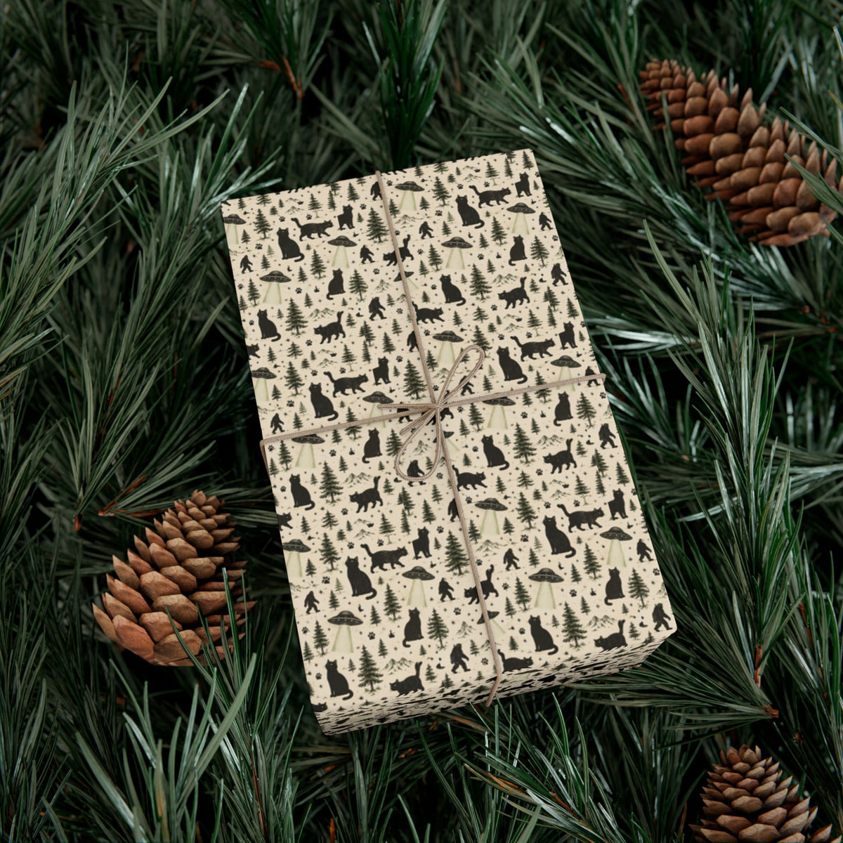 Cat, UFO & Bigfoot Wrapping Paper | Cryptid Cat Gift Wrap | Funny All-Occasion Wrap