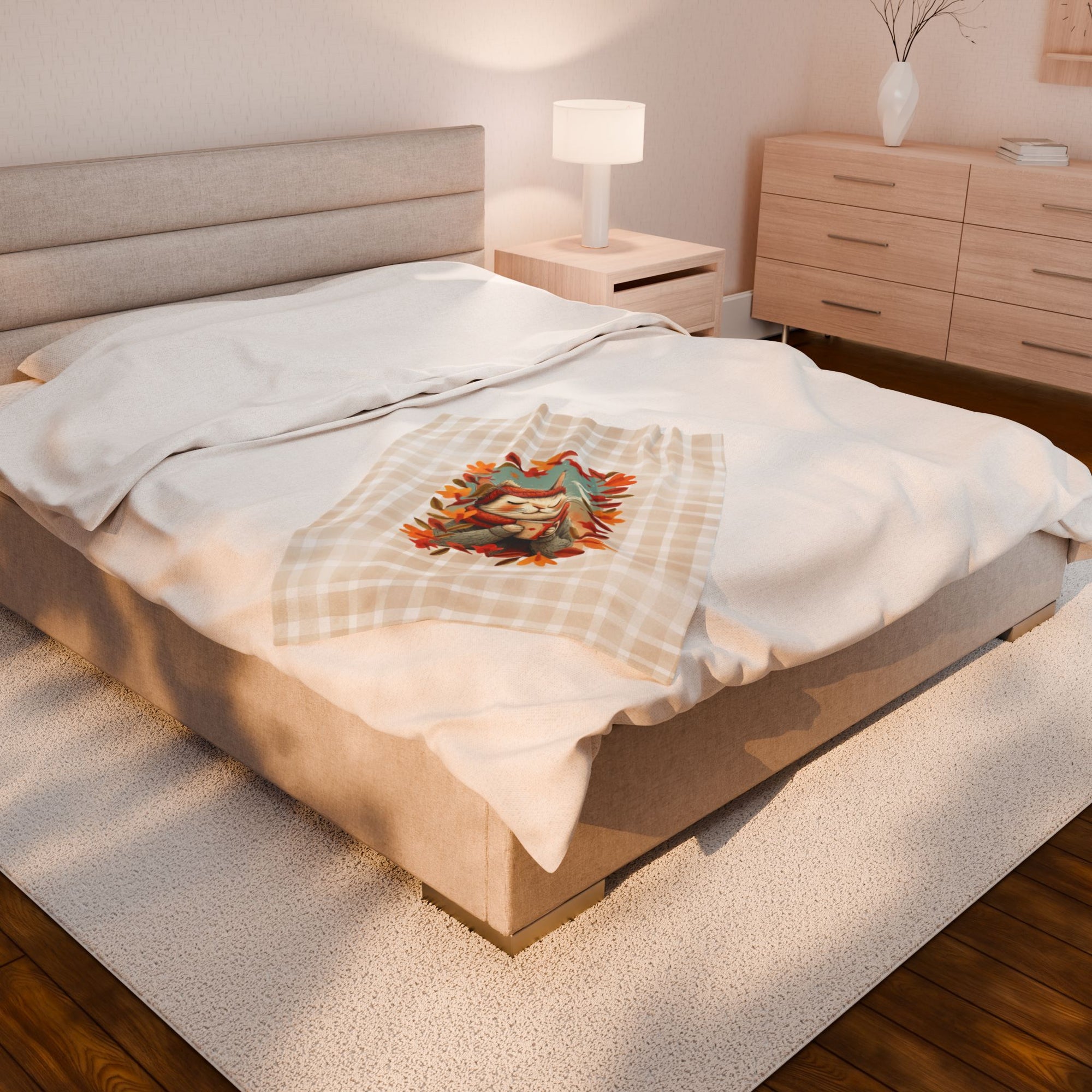 Hot Chocolate Cat Plush Blanket, Soft Throw for Fall