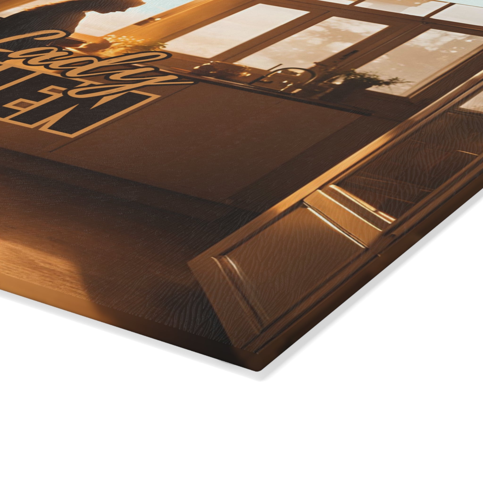 Photo depicting the ​Sunset Cat Lady Kitchen Glass Cutting Board from EpiAl's Shop.