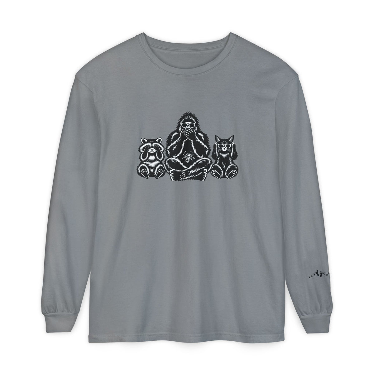 Hear No Evil, See No Evil, Speak No Evil | Bigfoot, Jimothy & Cat Garment-Dyed Long Sleeve Tee
