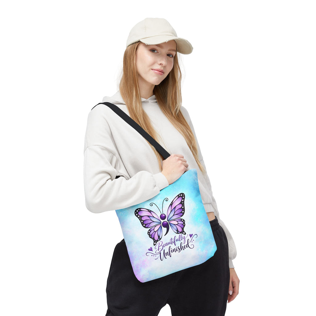 Beautifully Unfinished Semicolon Butterfly Suicide Awareness Tote Bag