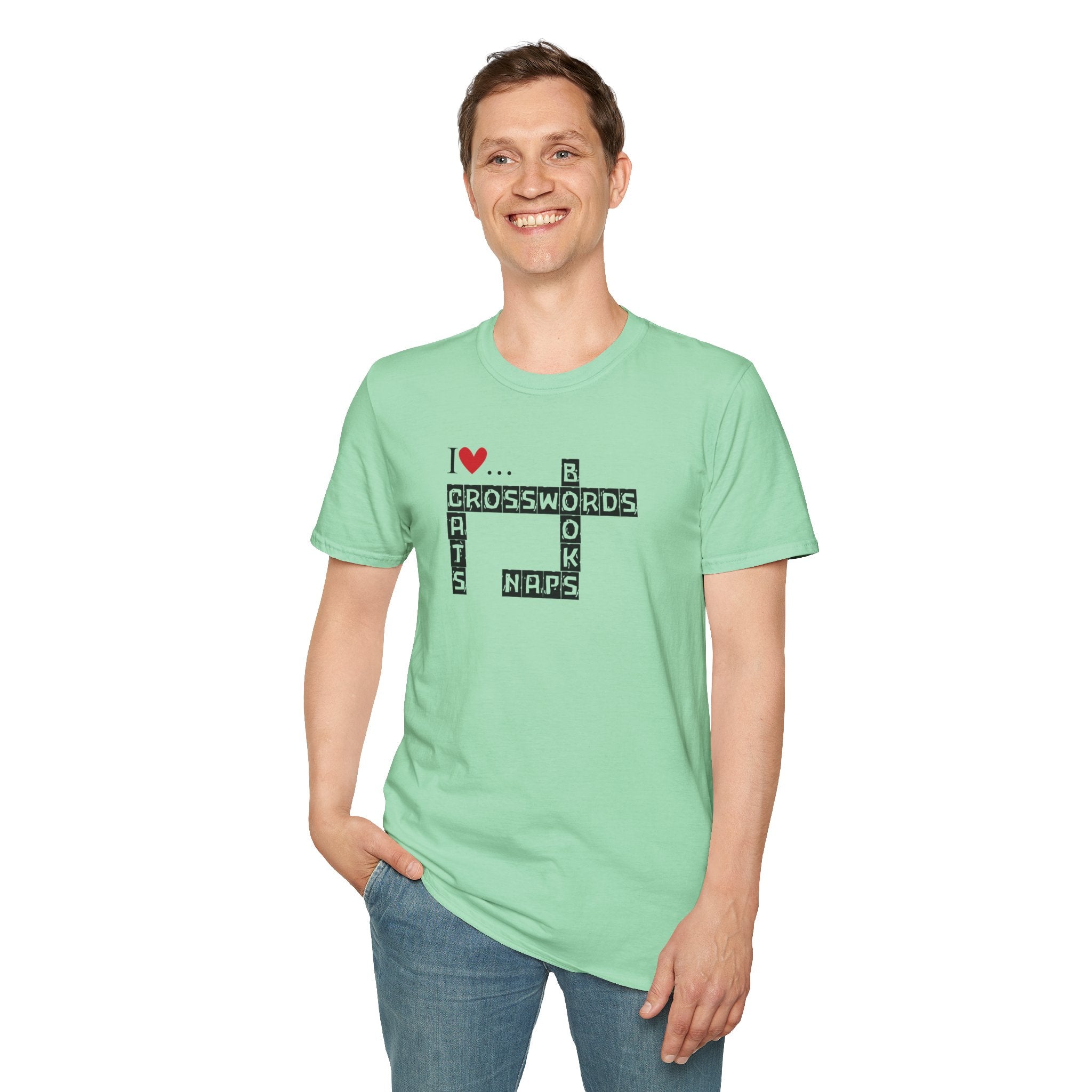 Photo depicting the ​Crosswords and Cats Unisex Softstyle T-Shirt from EpiAl's Shop.