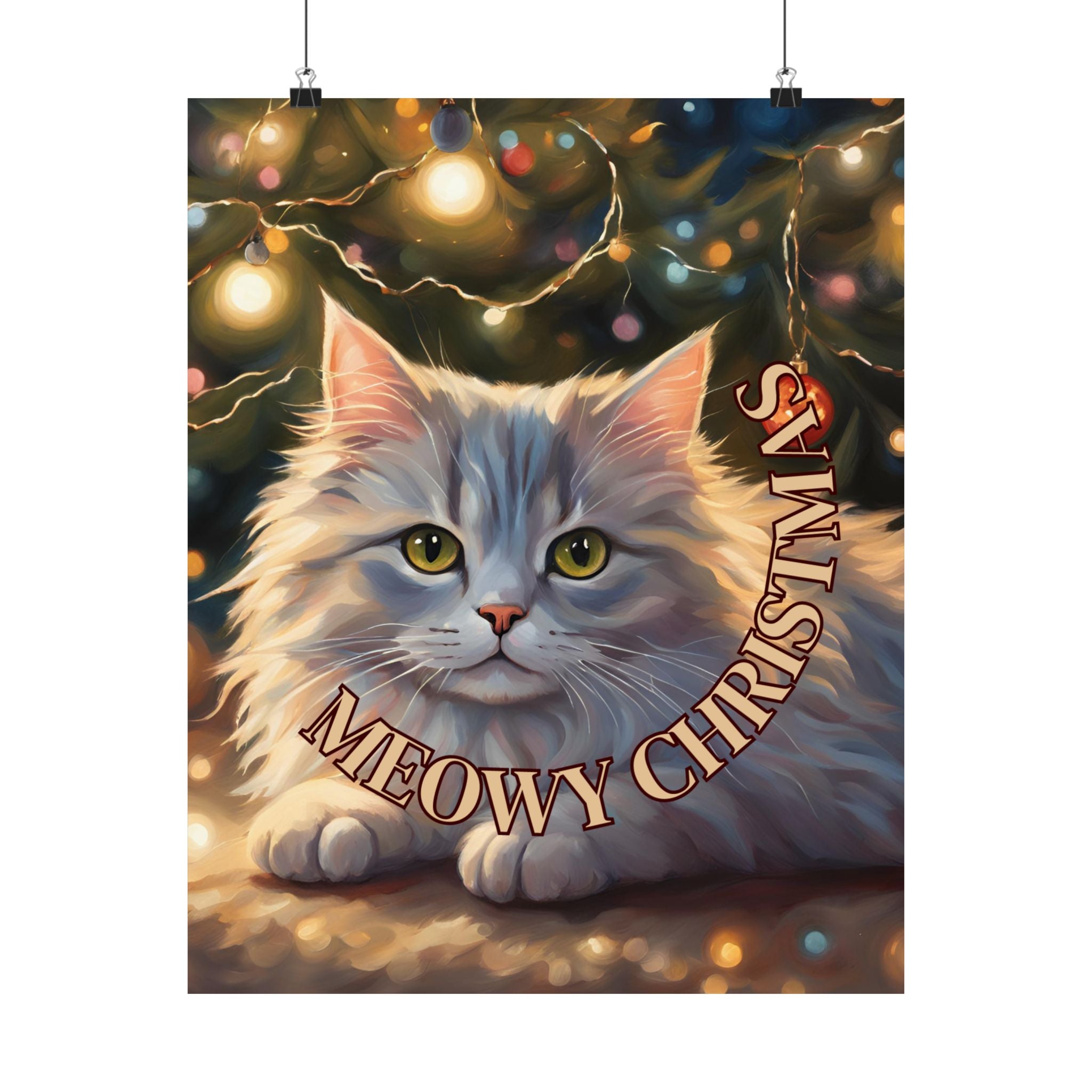 Photo depicting the ​White Meowy Christmas Kitty Matte Vertical Posters from EpiAl's Shop.