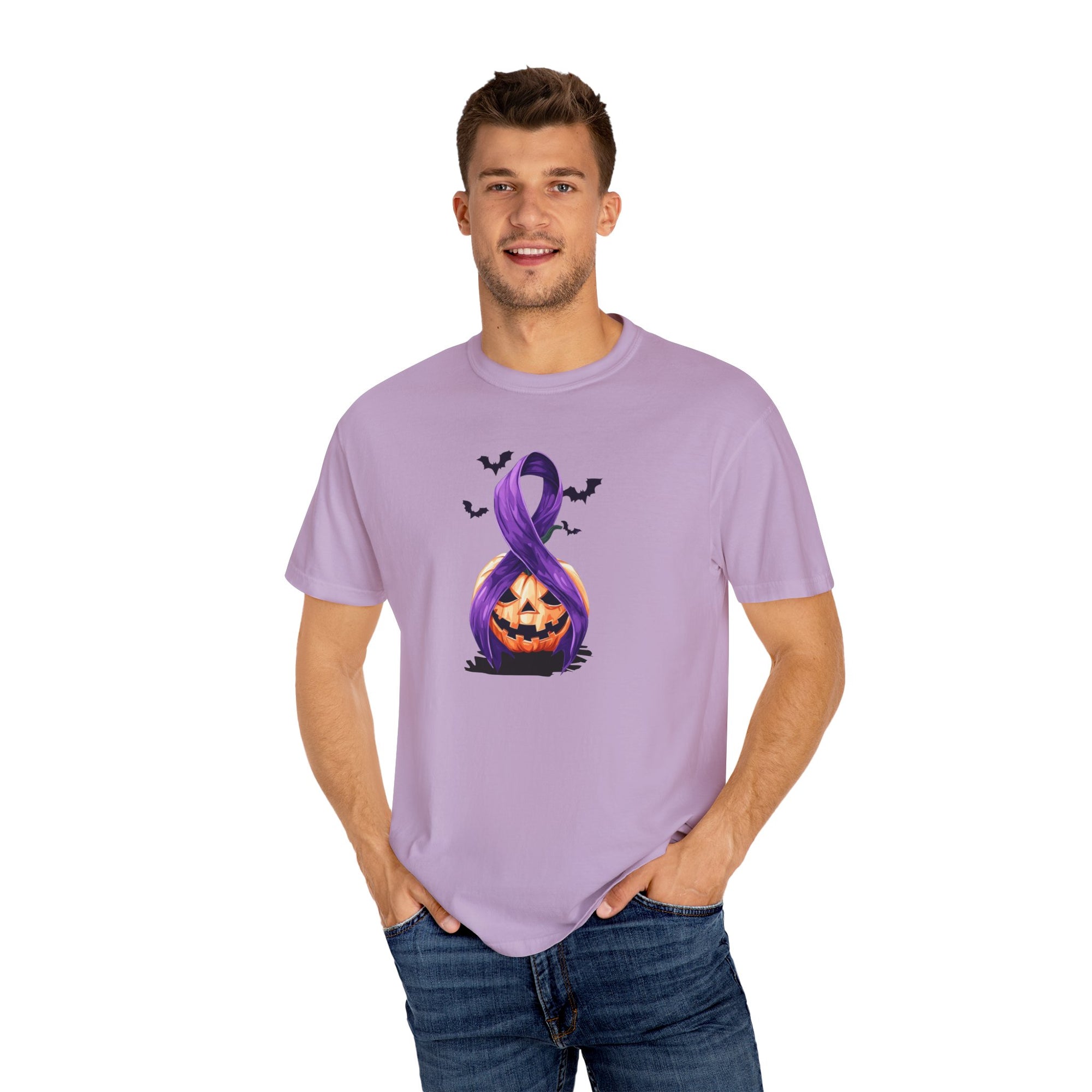 Halloween Pumpkin Unisex T-Shirt with Purple Ribbon Design