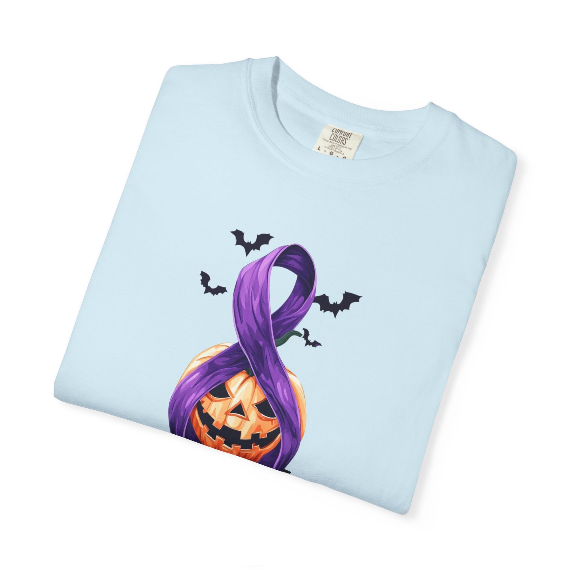 Halloween Pumpkin Unisex T-Shirt with Purple Ribbon Design