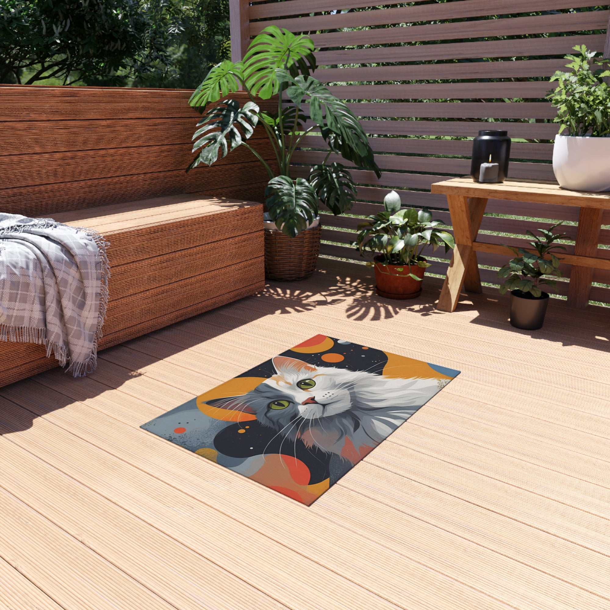 Colorful Cat-Themed Outdoor Rug, Cozy Patio Decor