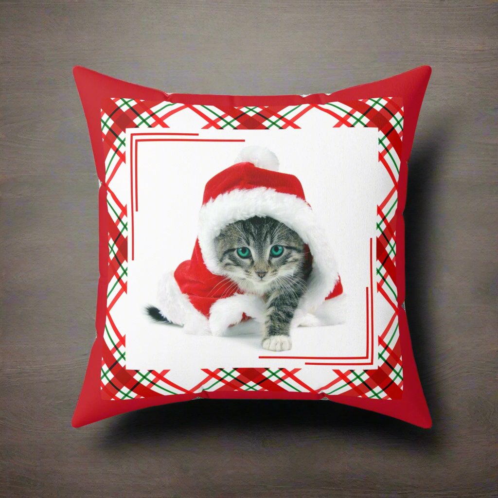 Photo depicting the ​Santa Kitty Faux Suede Square Pillow from EpiAl's Shop.