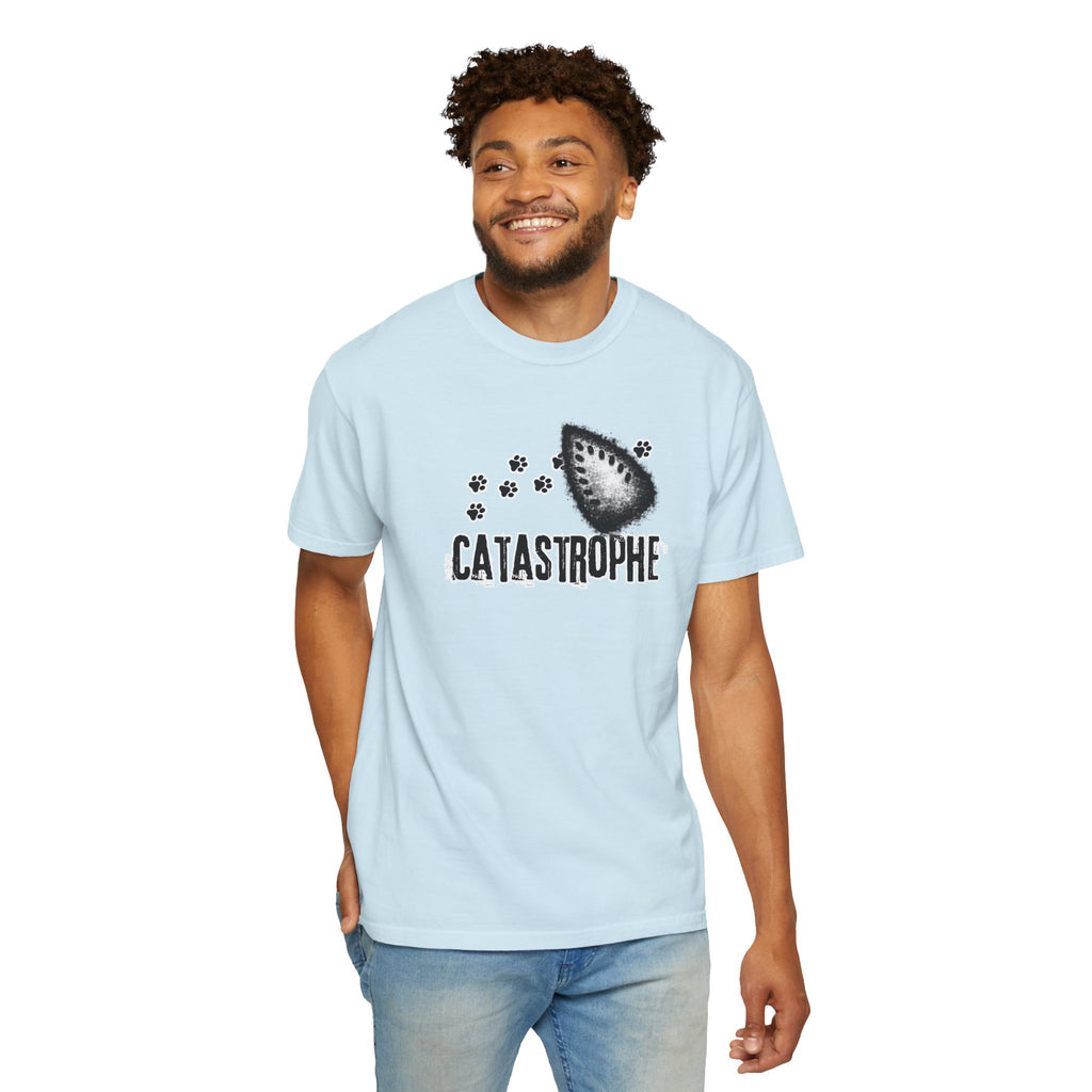 Catastrophe Iron Burn Graphic T-Shirt | Funny Cat Pun Shirt | Distressed Grunge Cat Tee